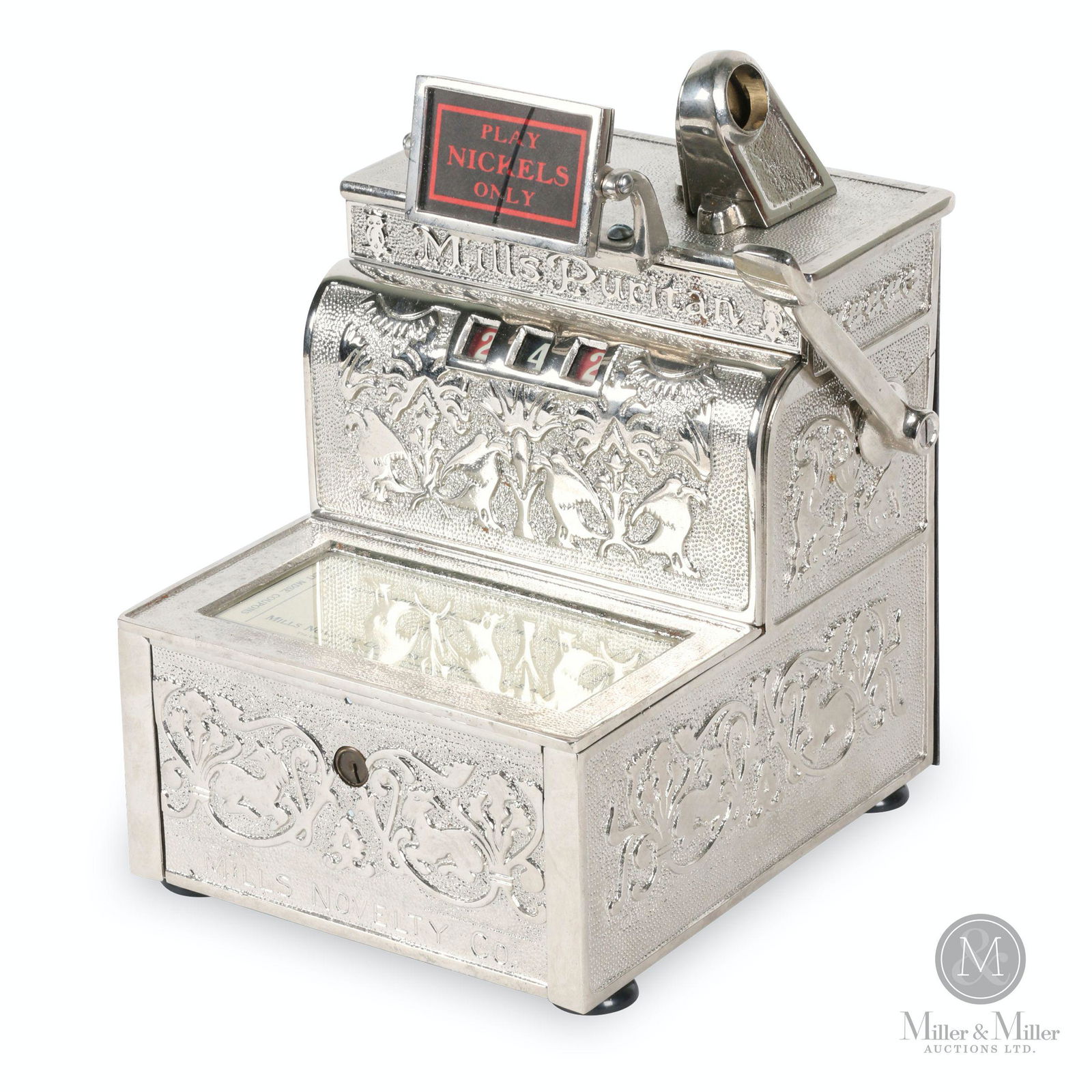 Mills "Puritan" Trade Stimulator: American. 1920s. Etched "T-Mil 0010" underneath. Backplate stamped, "AM2". Till marked, "Mills Novelty Co.". 7 x 11 x 8.5". Functioning, Restored, surface replated.