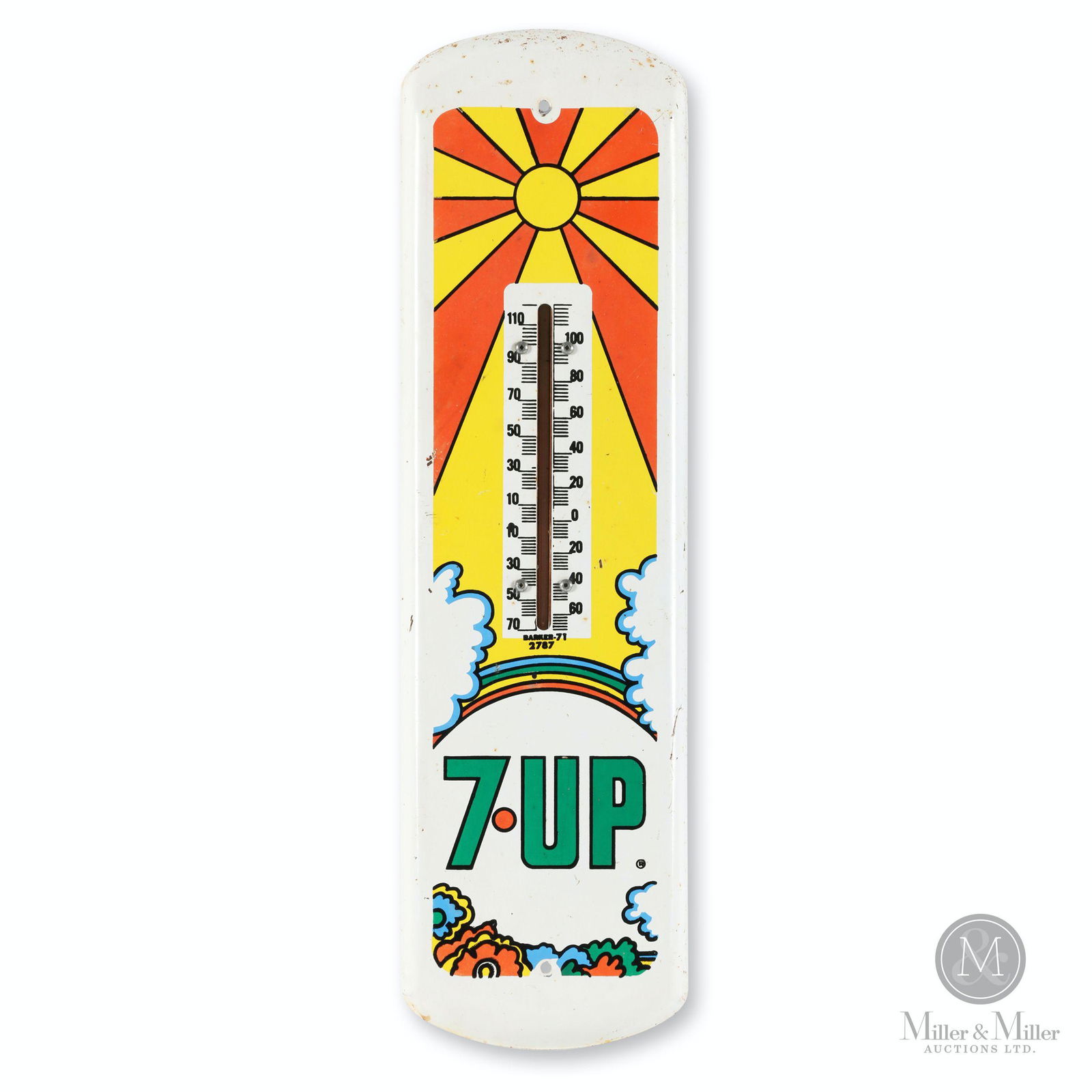 1971 Peter Max Seven-Up Thermometer: Canadian. 1971. Lithographed tin. Features artwork by 1970s Psychedelic artist Peter Max. Marked, "Barker-71 2787" below thermometer scale. 17 x 5". Very minor oxidation, mostly to upper edge.