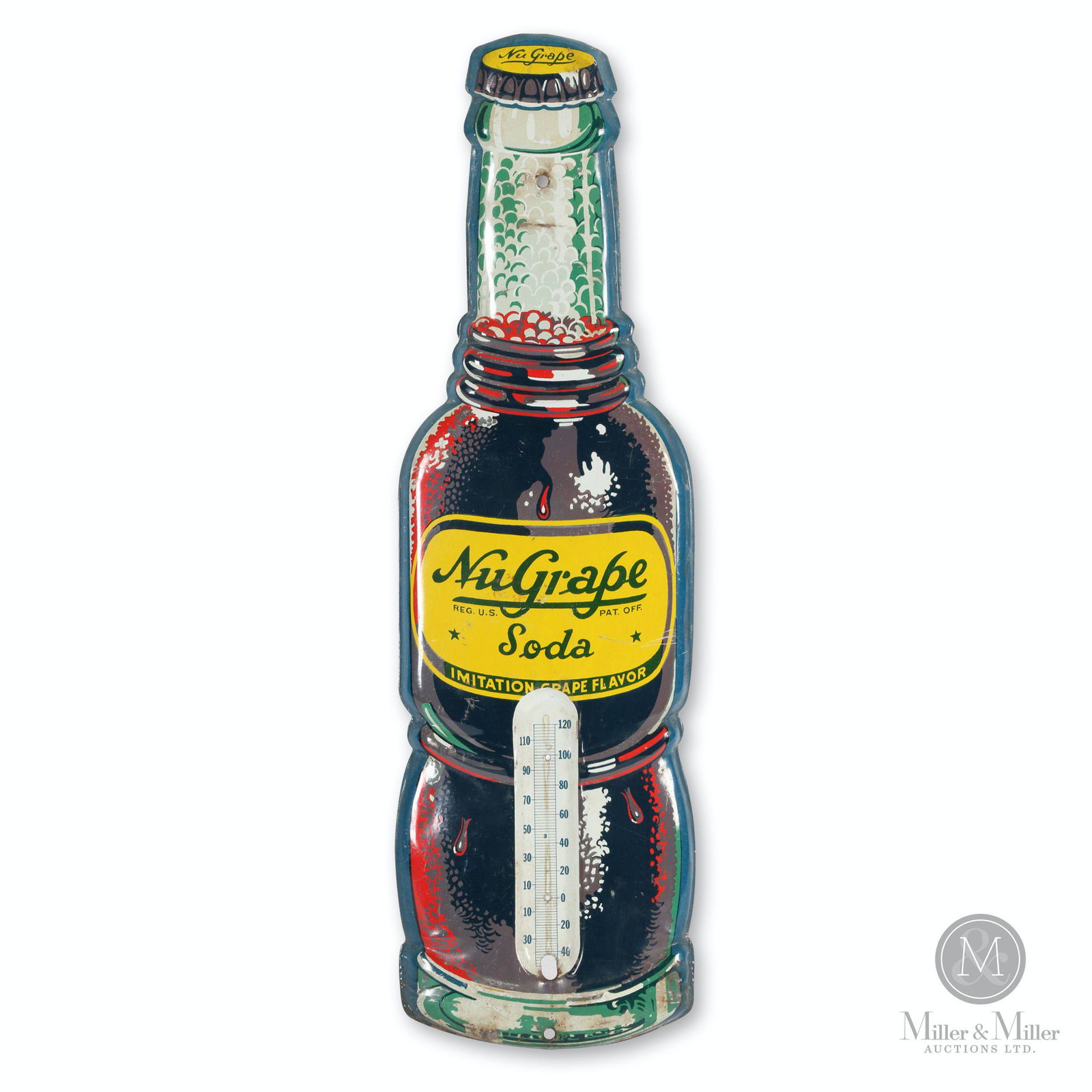 Nugrape Soda Bottle Thermometer: American. 1940s. Lithographed tin. Marked, "Made in U.S.A" lower edge. 17 x 5". Requires mercury tube. Scattered shallow impressions.