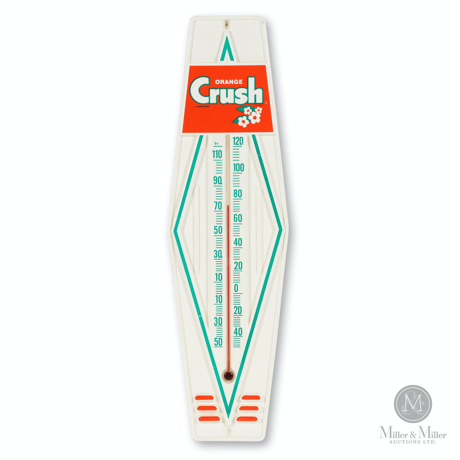 Orange Crush Celluloid Thermometer: Canadian. 1960s. Vacuum-formed celluloid set with mercury tube. 19 x 5.5".