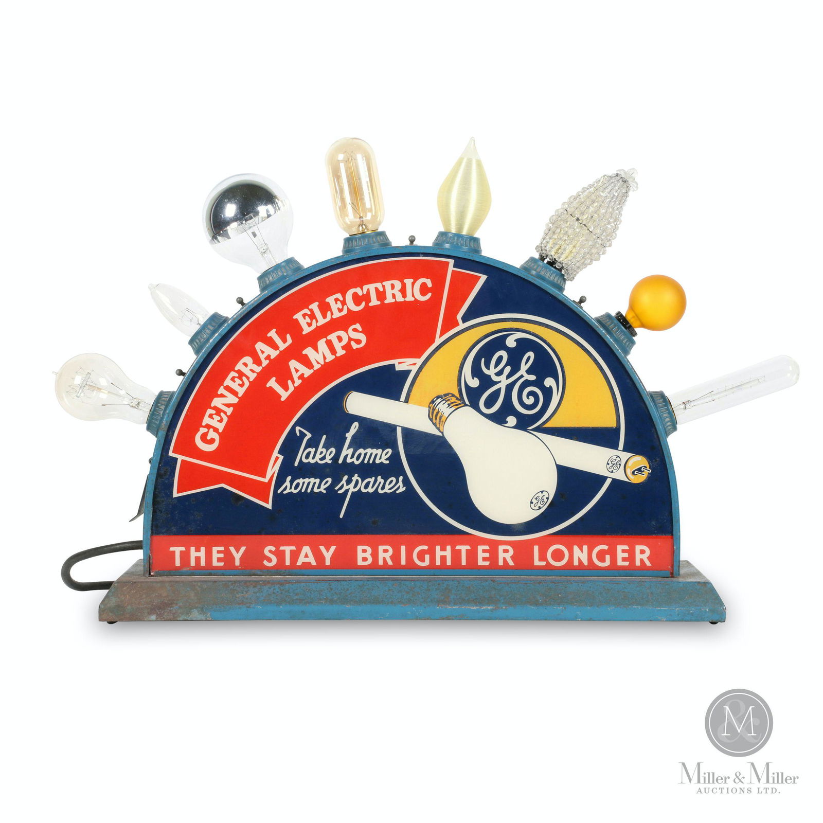 General Electric Lamps Store Display: Canadian. 1940s. 2-sided backlit counter sign features an example of many bulbs produced by GE. Tagged, General Electric Portable Display or Sign" underside. 20 x 7 x 16". Base exhibits minor to moder
