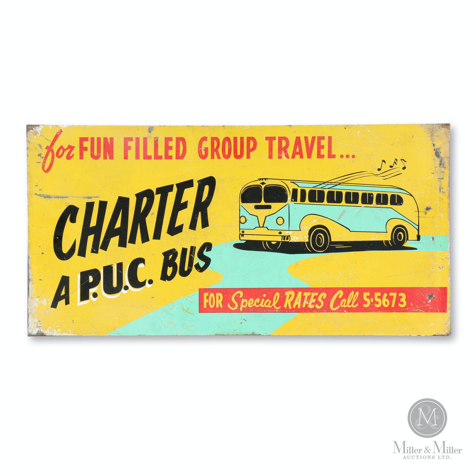 1950s Kitchener Bus Charter Sign: Canadian. 1950s. Lithographed steel. 2-sided painted metal. Once side promotes Kitchener Transit, the other promotes chartering a "P.U.C" bus. 30 x 15".