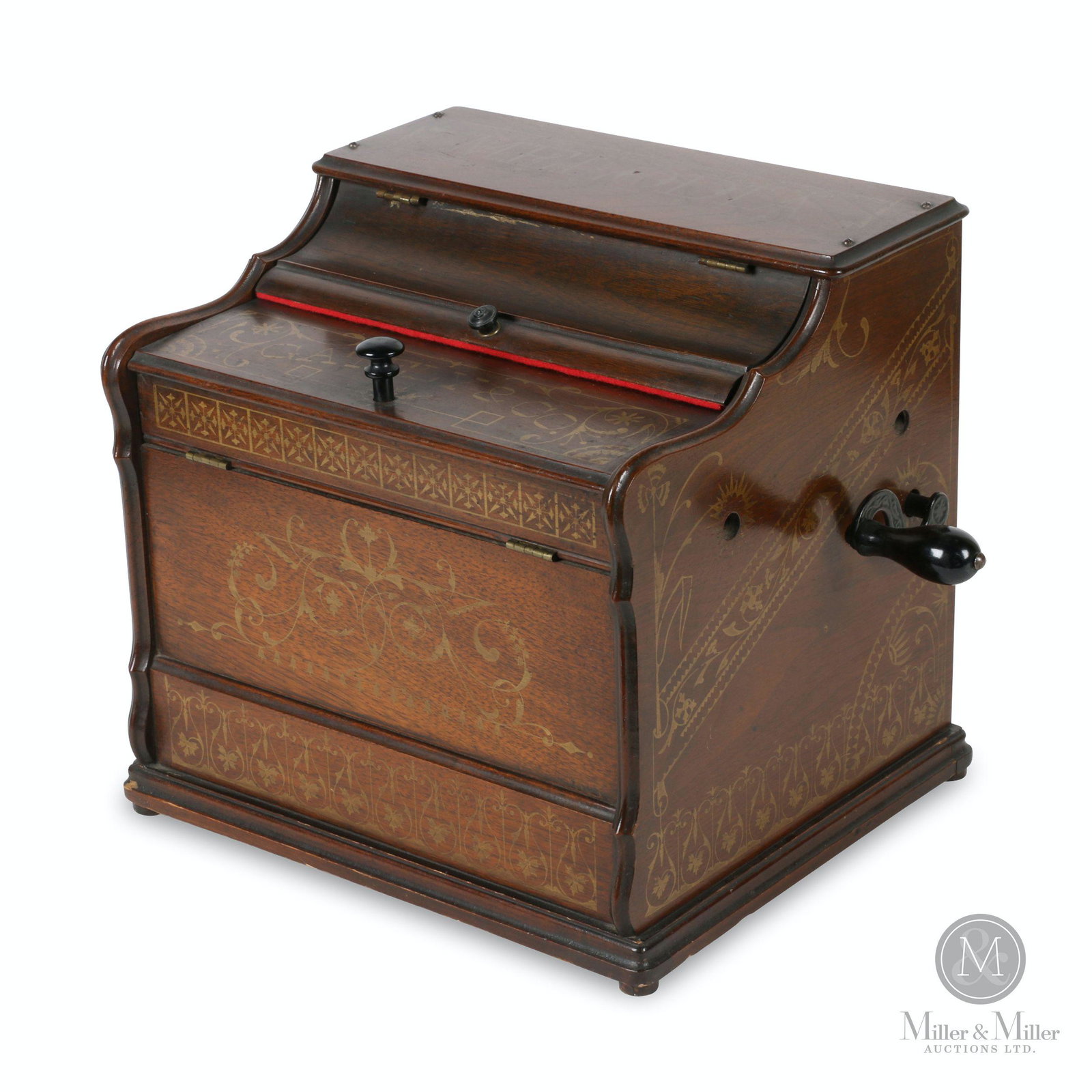Gately Melodia Roller Organ: American. 1880s. Stencilled mahogany case. Includes music scroll. Top of lid stencilled, "Gately & Co.", Inside lid with instruction label attached. 12 x 12 x 11". Ken Vinen collection.