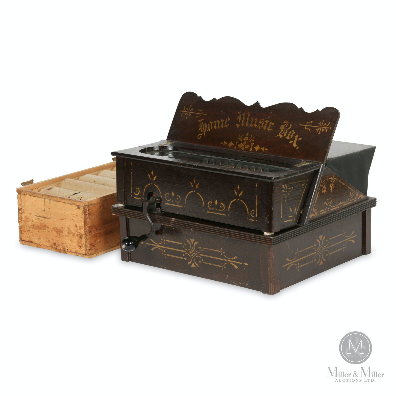 Home Music Box Cob Roller Organ: American. 1910s. Stencilled wood case. Includes box of "cob" music rolls and documentation. 14.5 x 12 x 11". Ken Vinen collection.