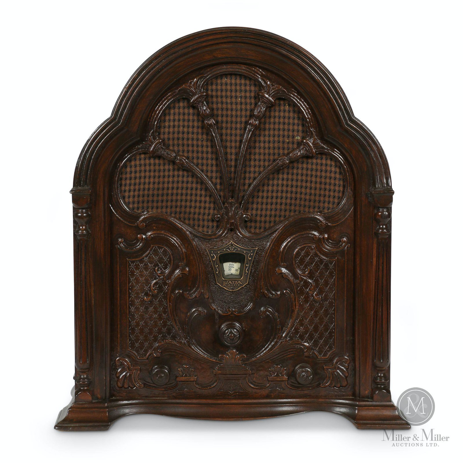 FADA Model 43 Tube Radio: Canadian. 1920s. Walnut veneer case. Marked, "Fada 43Z Serial CKF 5165" rear. 12 x 15.75 x 12.5" (h). Exhibits minor hairline split through faceplate extending to the center knob from the tuner dial. 