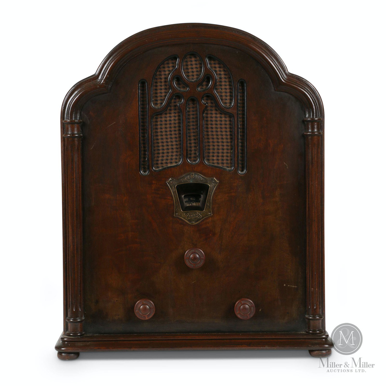 Rogers-Majestic R-646 Cathedral Radio: Canadian. 1931-32. Walnut veneer case. Stamped, "Built by McLagan Stratford, Canada" upper rear. Tagged, "Rogers-Majestic Corp Ltd. Toronto, Canada" lower rear. 10 x 17 x 19.75" (h). Jack Winkler coll
