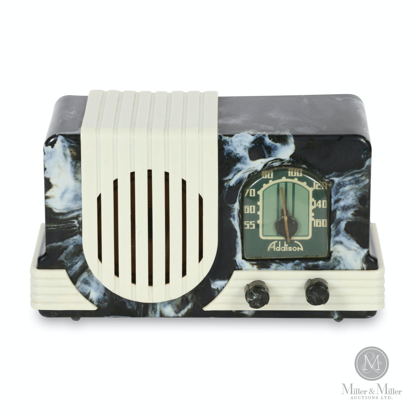 Addison Model A2 "Baby" Bakelite Radio: Canadian. 1940s. Bakelite. Features marbled black case with white Plaskon trim. Retains original schematics card, underside. Marked, "Addison Industries Limited, Toronto, Canada" rear chassis plate. 1