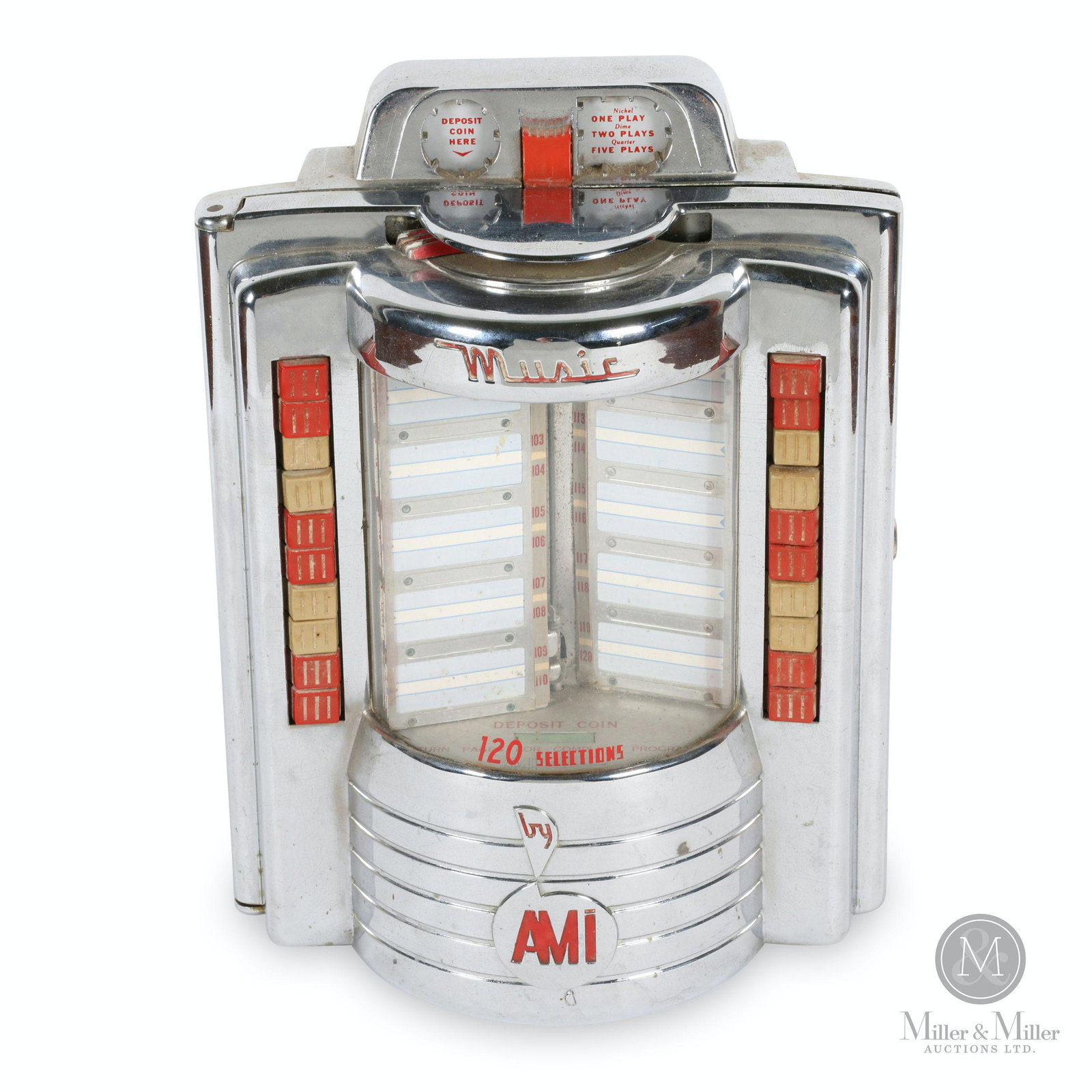 AMI W-120 Jukebox Remote Wallbox: American. 1950s. Chrome, plastic. Tagged, "Model W120 - Serial Number: 105667". 11 x 6 x 14.5" (h). Untested for functionality. Chrome exhibits minor oxidation. Requires key. Jack Winkler collection.