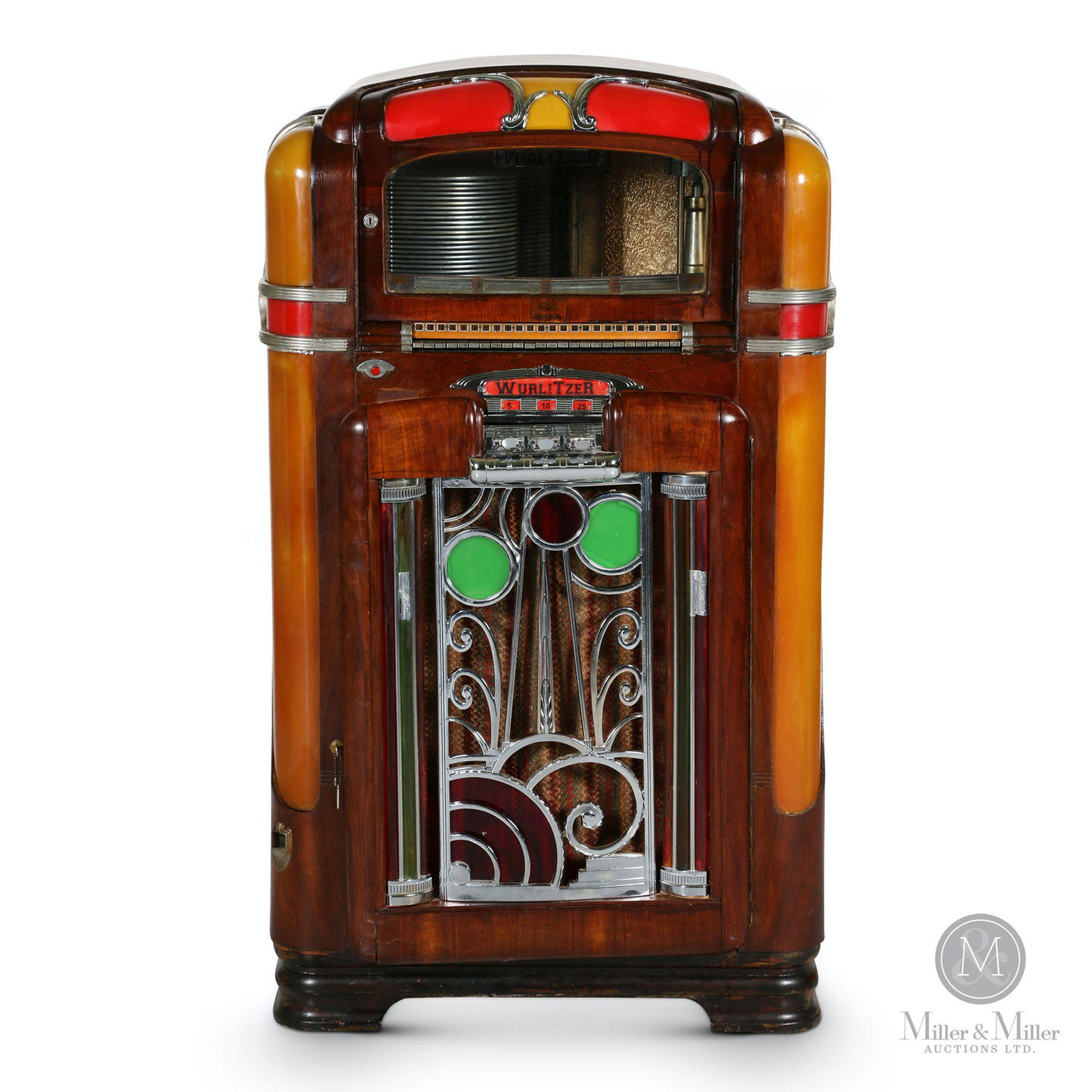 Wurlitzer Model 700 Jukebox: Canadian. 1940s. Marked, "Wurlitzer Simplex Multi Selector Phonograph Manufactured by RCA Victor Company Limited Montreal, Canada - Model 700C, Serial No. 0193". 32 x 25 x 56" (h). Wood case in varnis