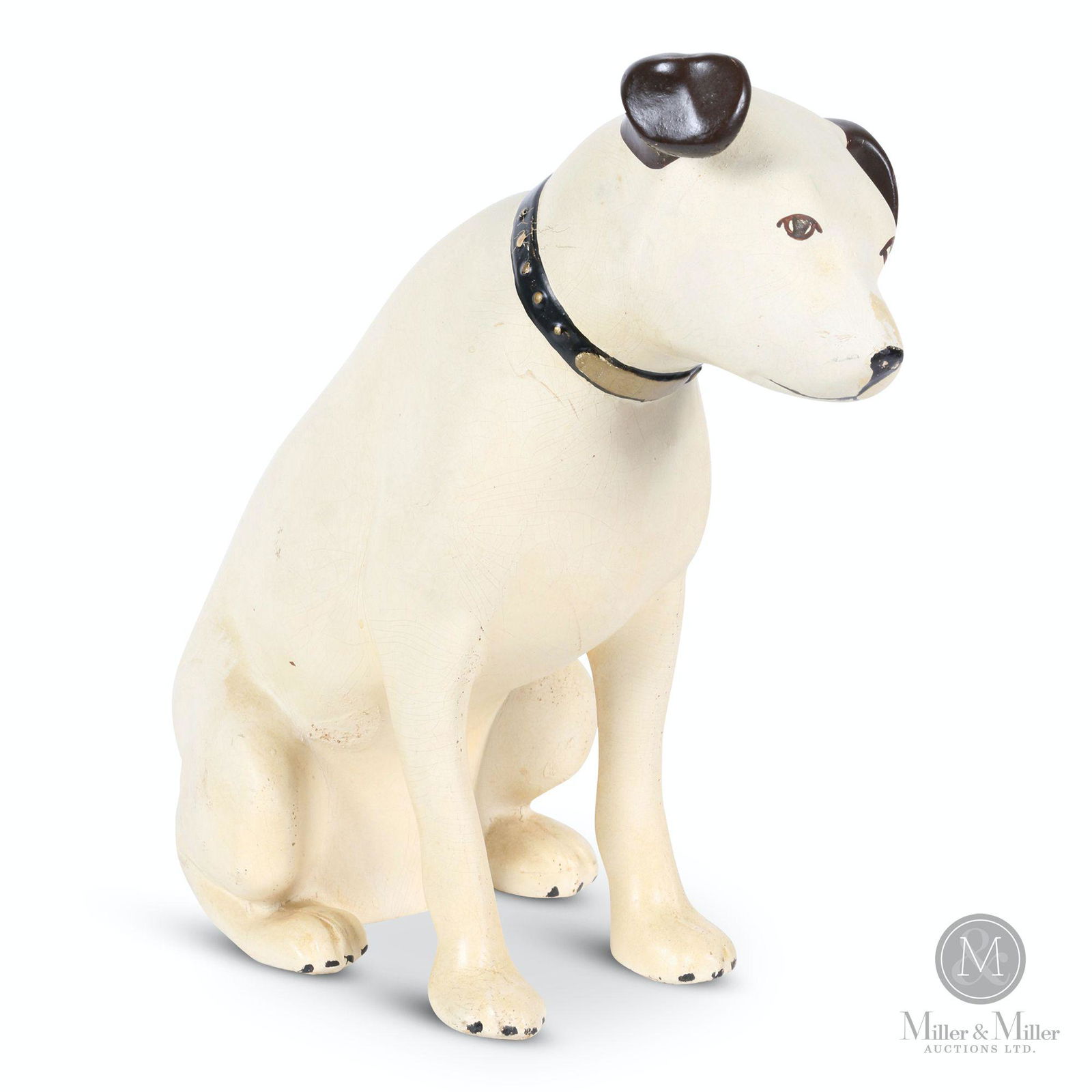 Victor Nipper Store Display Statue: Canadian. 1940s. Composite. Features hand painted eyes and nose Collar embossed, "RCA Victor" 12 x 6 x 13" (h). Minor scattered blemishes, uniform craze. Jack Winkler collection.