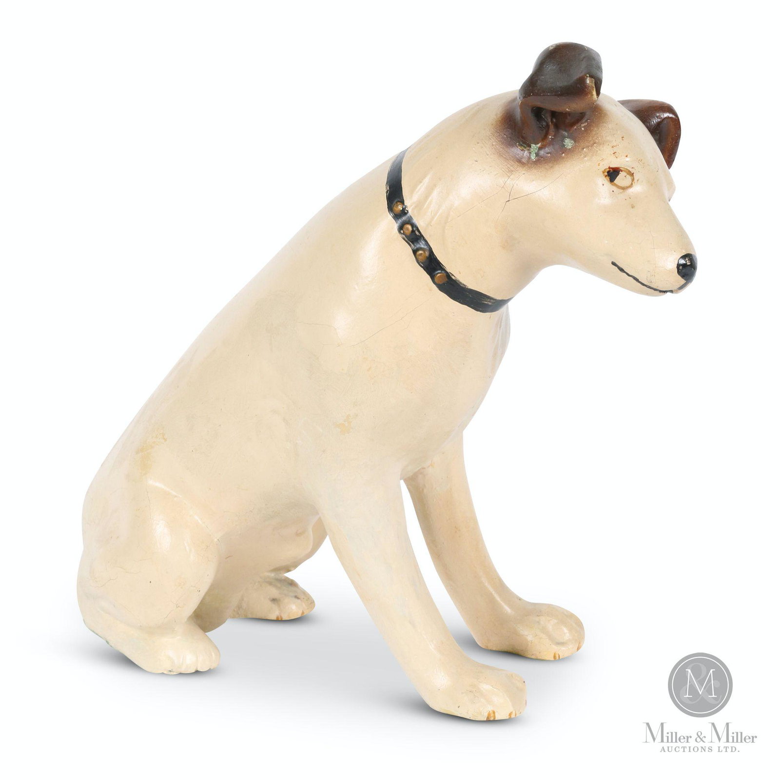 Victor Nipper Store Display Statue: Canadian. 1940s. Composite. 8.5 x 4 x 11.5" (h). Surface exhibits fine craze, minor touchup. Jack Winkler collection.