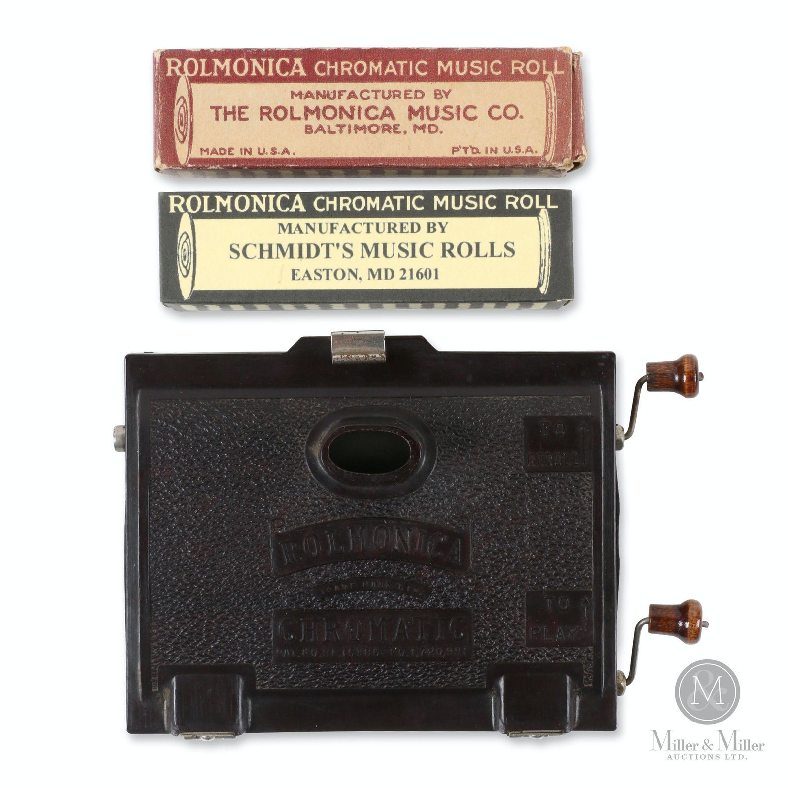 Chromatic Rolmonica Player Harmonica: American. 1928. Bakelite. Includes two (2) boxed music rolls. 6.5 x 4 x 2". Ken Vinen collection.