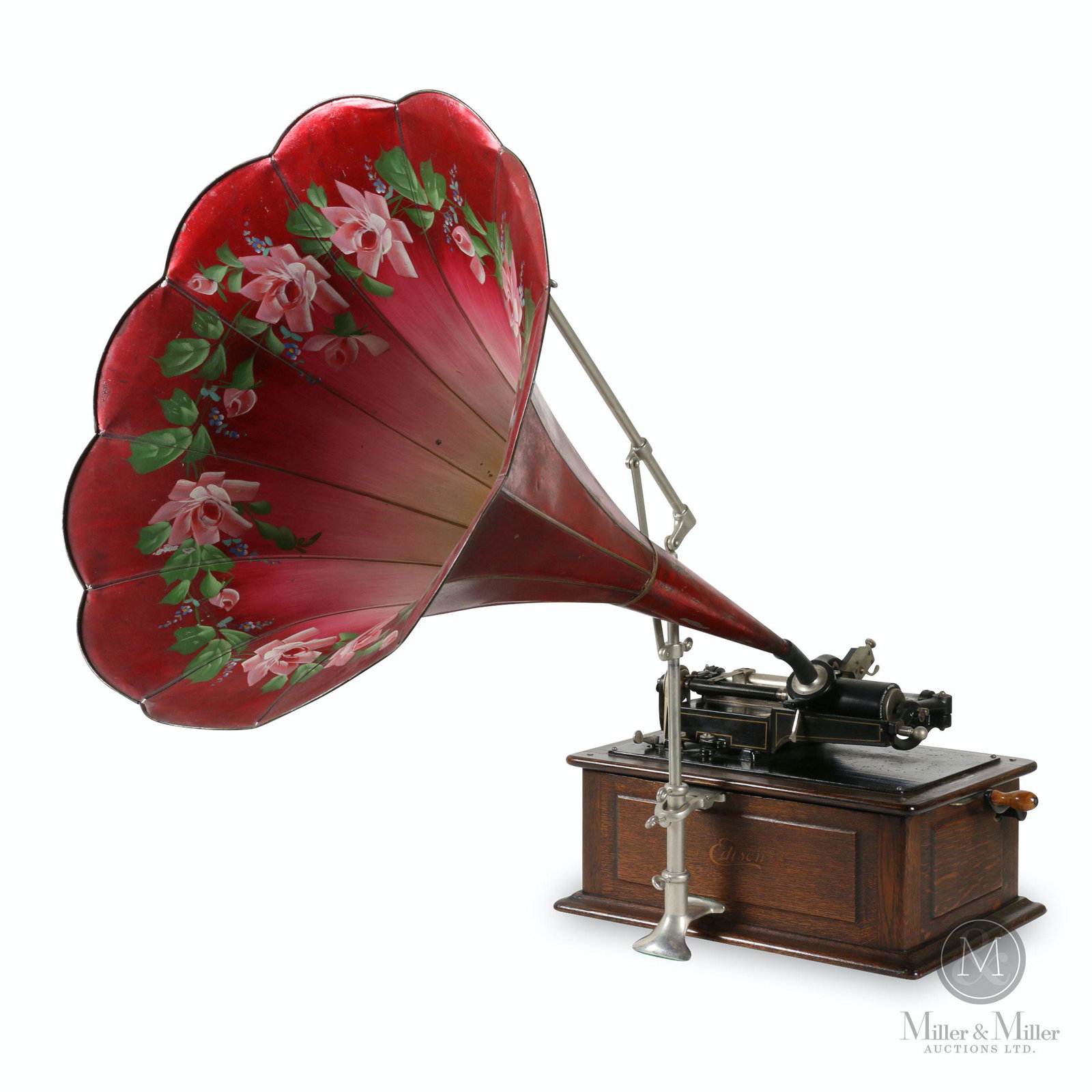 Edison "Triumph" Model B Phonograph: American. 1906. Quarter-sawn oak case. Includes music cylinder. Includes crane and morning glory horn. Plate stamped, "40529". 18 x 12 x 10"; Horn 31 x 23 x 23" . Ken Vinen collection.