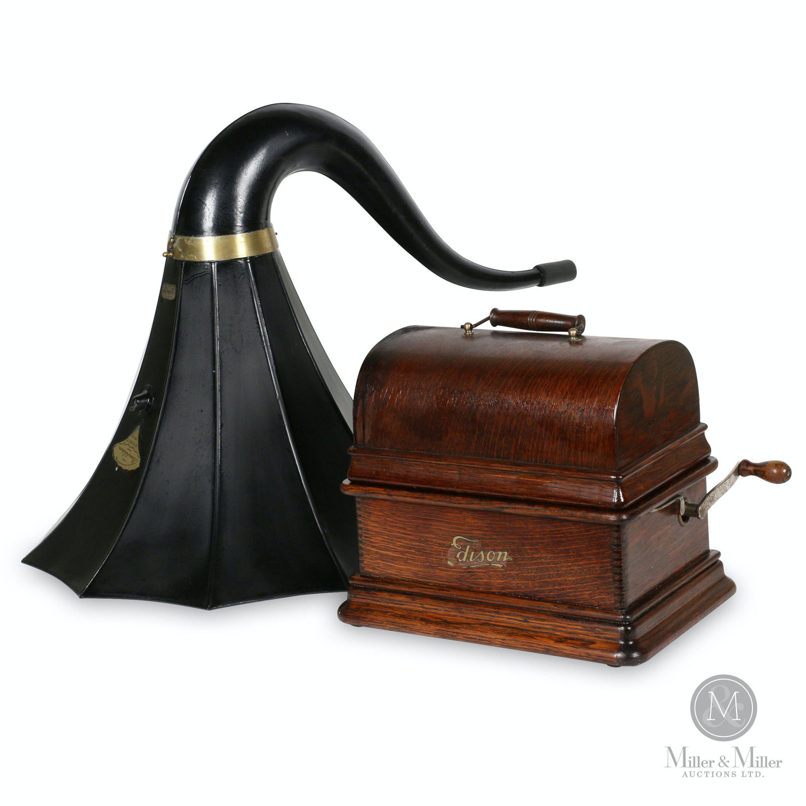 Edison "Standard" Cygnet Horn Phonograph: American. 1920s. Quarter-sawn oak case. Model S combination 2/4 minute reproducer. Includes Two (2) loose 2-minute cylinders. Horn decal marked, "Thomas A. Edison Cygnet No. 10 Patented Aug 22, 1905, 