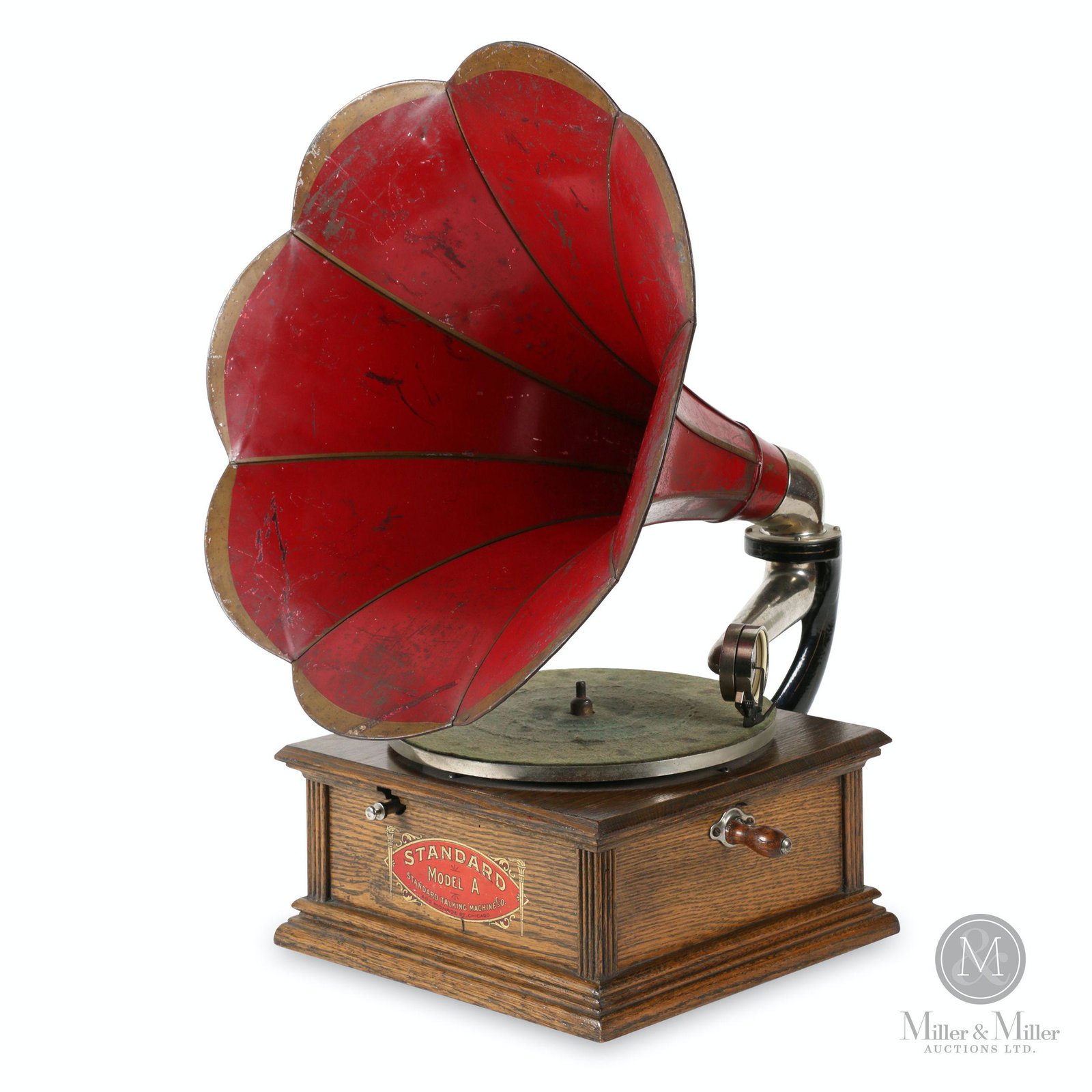 Columbia Standard "Client" Phonograph: American. 1908. Oak case. Columbia "Client" machines were made by Columbia using domestic and imported parts branded under various names. Labelled, "Standard Model A, Standard Talking Machine Co., 800