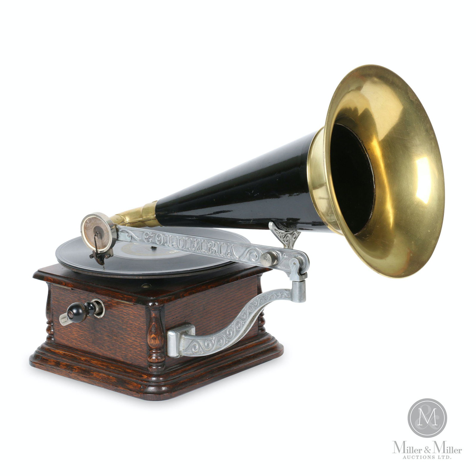 Columbia "AJ" 2nd Variation Phonograph: American. 1904. Includes a 78 RPM record. Case labelled, "The Disc Graphophone". 21 x 16 x 10"; Horn 15 x 9.25". Ken Vinen collection.