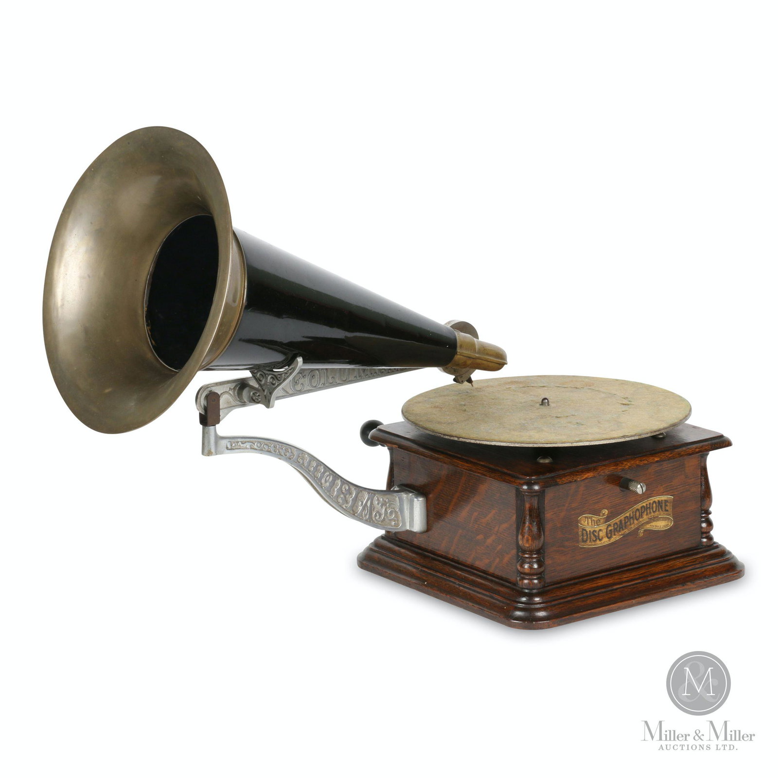 Columbia "AJ" Phonograph: American. 1890s. Stencilled, "The DISC GRAPHOPHONE / Patented May 4th, 1886, Dec 27, 1887, April 3rd, 1888, June 10th, 1890, Oct 15th, 1894, March 20th, 1897, July 27th, 1897, April 21, 1901 / Columbi
