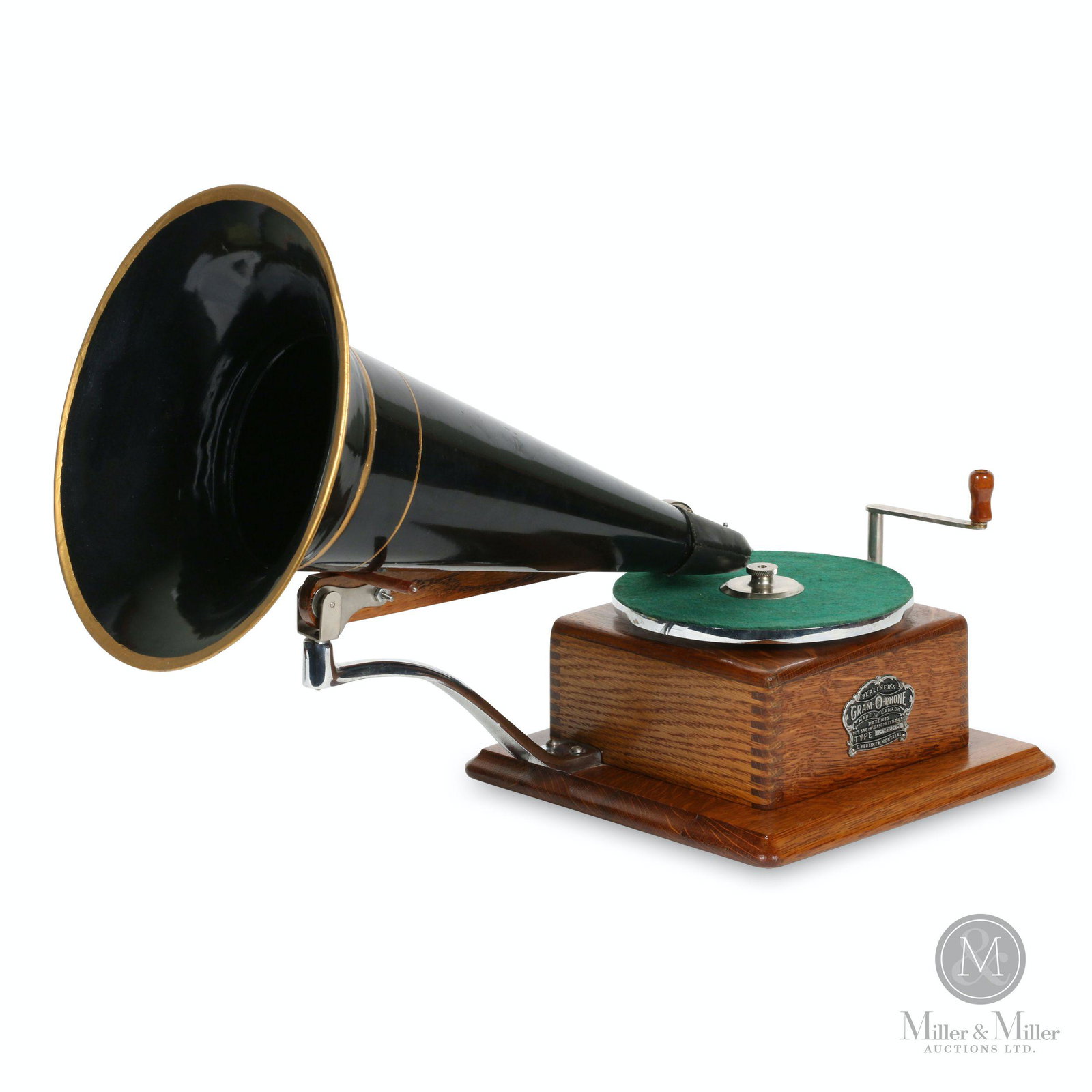 Berliner Model A Trademark Gramophone: Canadian. 1583. Crown badge stamped, "Berliner GRAM-O-PHONE Co. of Canada Ltd. Type A9288 Montreal Pats. 55078 & 55079 Feb 24, 97." Reproducer stamped, "Automatic BERLINER Soundbox Patented Mar 24, 19