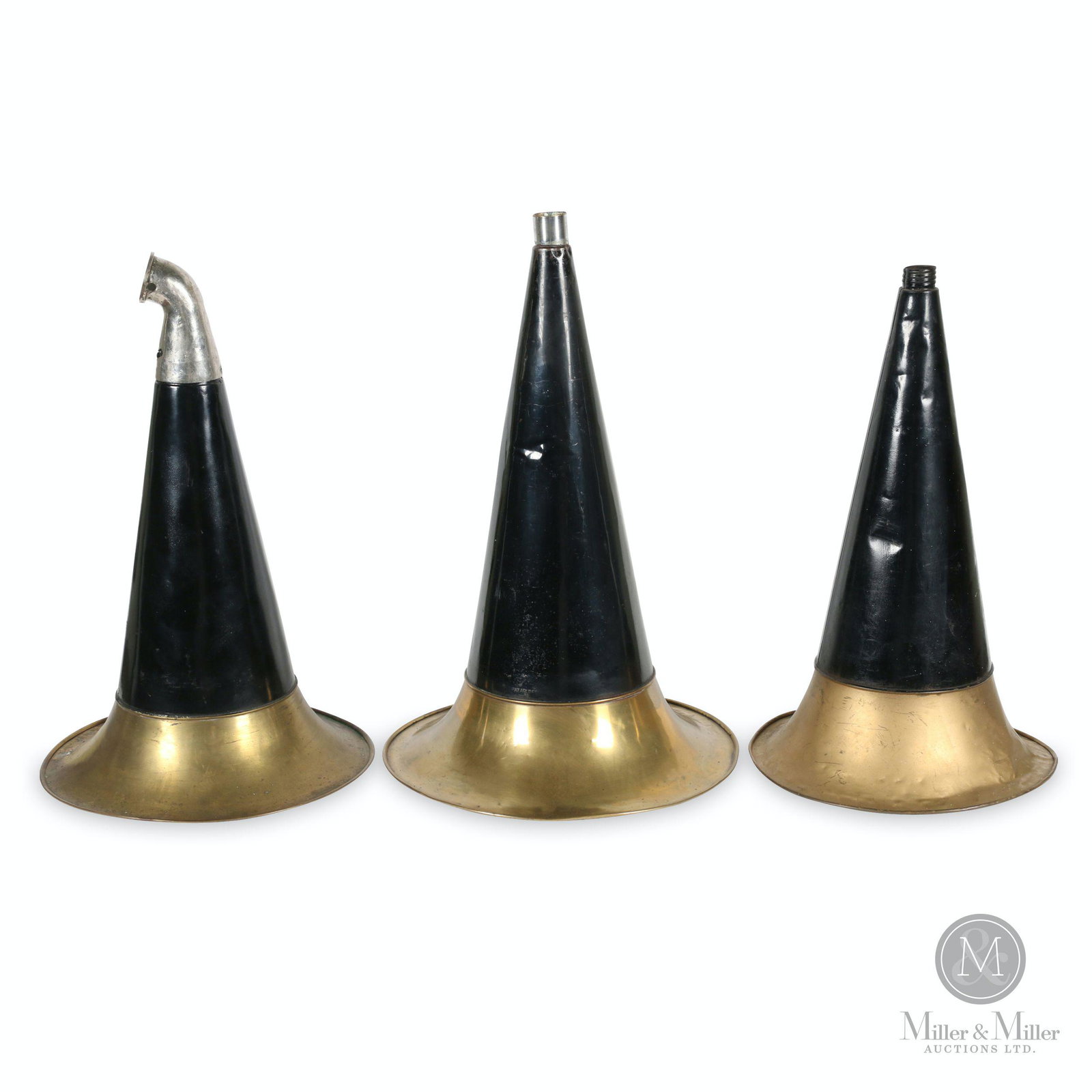 Brass Bell Phonograph Horns: Three (3). Canadian. 1910s. Tin & brass. Shortest example retains nickel elbow with 1.75" fitter lip. Each stamped, "Pat Apl'd For" near brass bell. 18.5" to 21" (l). Middle example has gold painted b