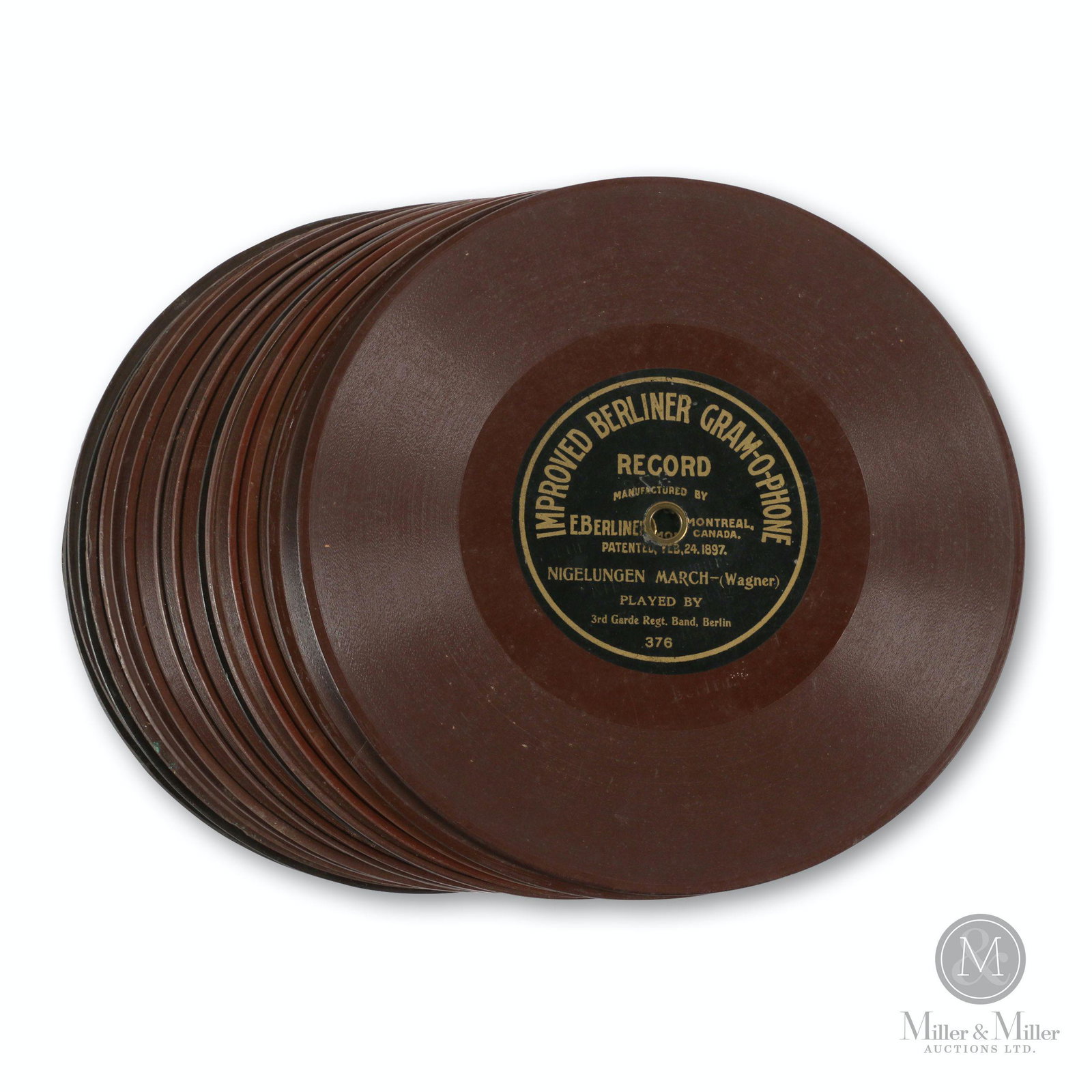 Assortment, 7" Brown Berliner Records: Seventeen (17). Canadian. 1890s. Includes record numbers: 202, 207, 211 (x2), 227, 238, 257, 274, 293, 314, 333, 354, 362, 370, 376, 383 and 384. 15 feature Trademark logo on reverse. Each labelled, "
