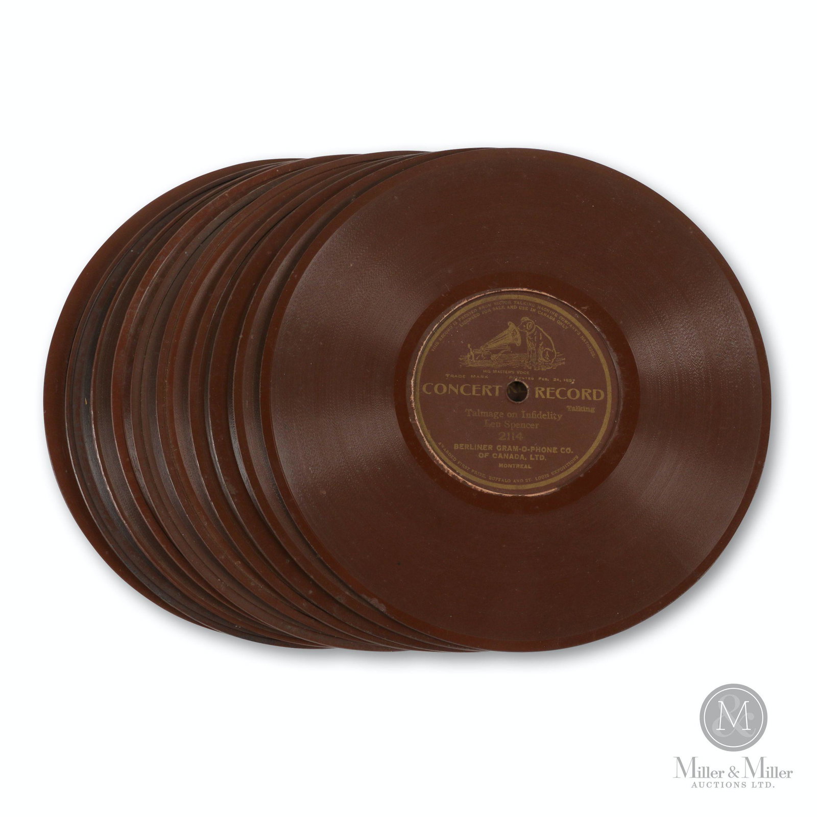 Assortment, 7" Brown Berliner Records: Ten (10). Canadian. 1890s. Includes record numbers: 1041, 1322, 1387, 1407, 1489, 1490, 1498, 1947, 2165 and 2114. 2 feature Trademark logo on reverse. Each labelled, "Gram-O-Phone Record The Berliner
