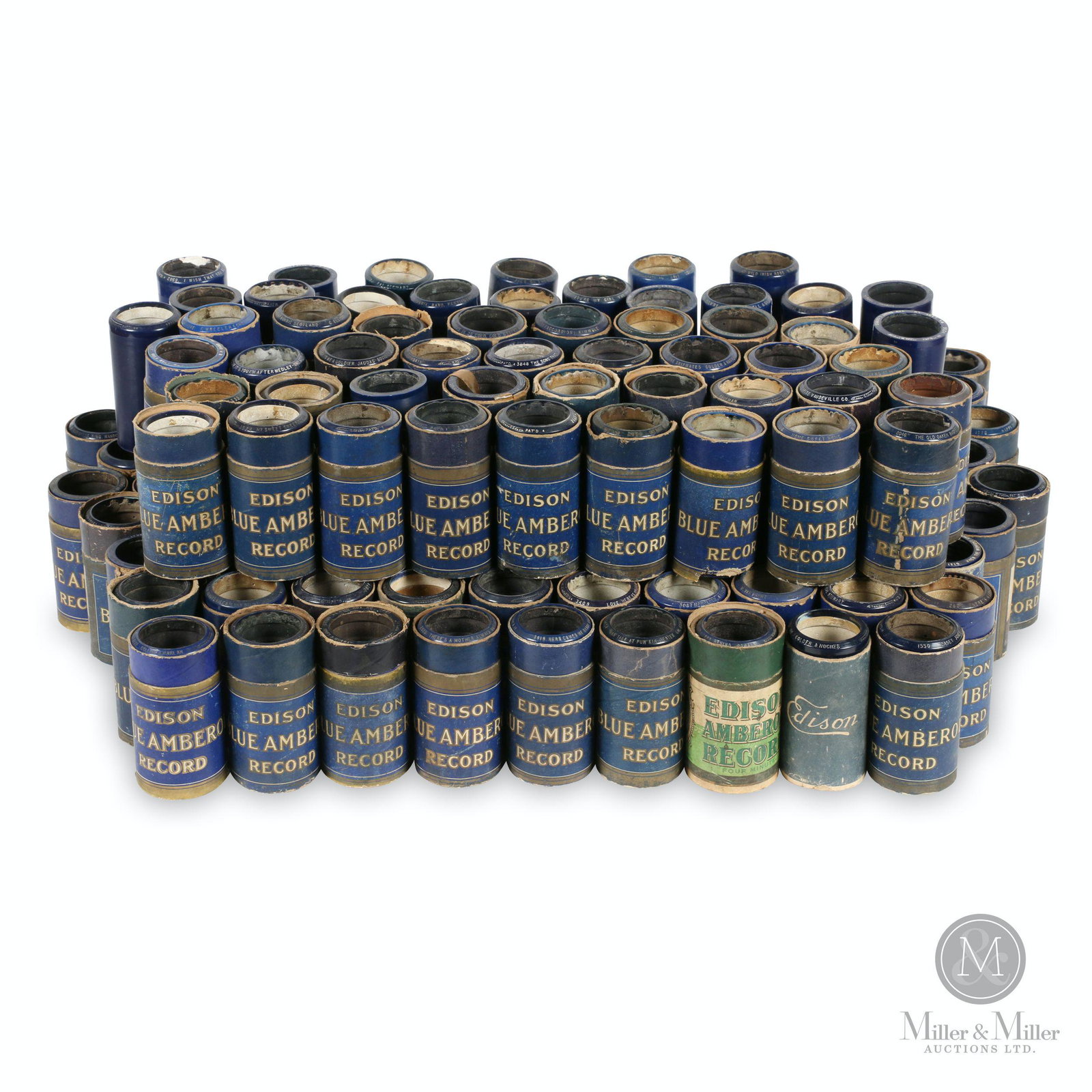 Assortment, Edison Blue Amberol 4-Min Cylinders: One-hundred fifty (150). American. 1910s-20s. Mostly in cases, all require lids. Cases marked, "Edison Blue Amberol Record - Trade Mark Thomas A. Edison". Approximately 4.5" x 2.25" x 2.25" each. Jack