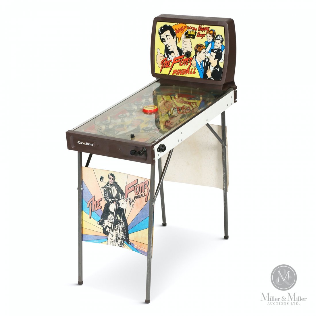 1976 Coleco "The Fonz" Pinball Game: American. 1970s. Themed around the character Fonzie from the Paramount Pictures television series "Happy Days". Marked, "COLECO - Happy Days Copyright Paramount Pictures Corp", " 36 x 20 x 50" (h). Me