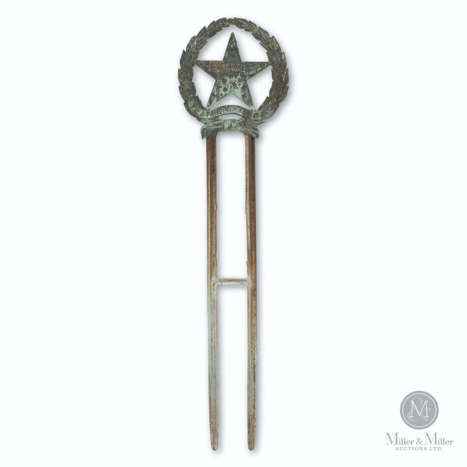 American Revolutionary War Grave Marker: American. 1897. Cast iron star shaped marker within laurel wreath raised on two metal supports. Marked, "A Patriot's Grave 1772 -1783 E Pluribus Unum Copyright 1897 by E. E. Lord". 31.5 x 8". Brian St