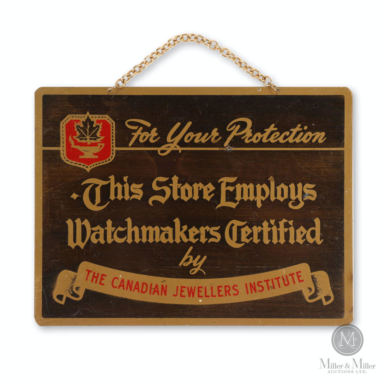 Canadian Jewellers Institute Watchmakers Sign: Canadian. 1940s. Brass Marked, "Designed & Produced by The Stanley Manufacturing Co. Ltd." rear. 6.5 x 5". Minor surface scratches and small spots of oxidation.