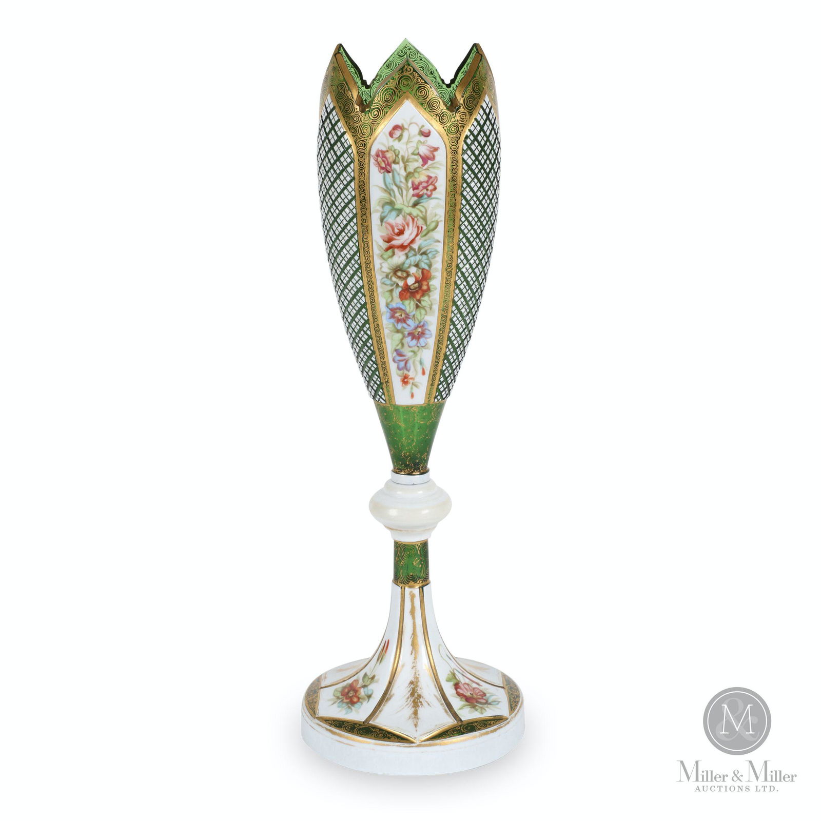 Bohemian Enamelled Cut Glass Vase: Czechoslovakian. 1930s. Opal-cut-to-emerald with hand-painted gilt and enamel decoration. 15" (h). Minor gilding loss to the base and just above the stem.