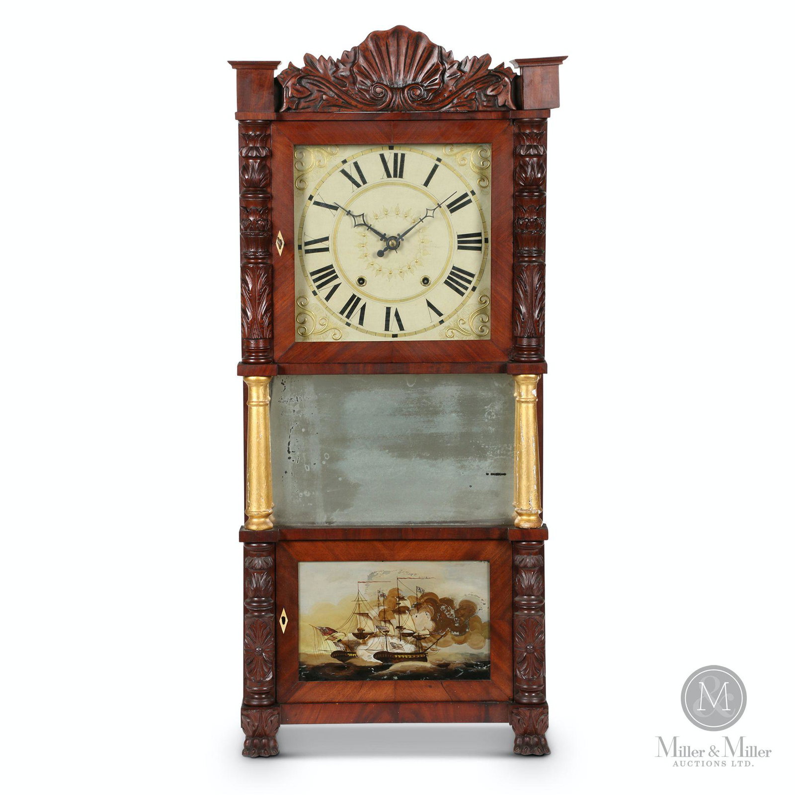 Atkins, Downs for George Mitchell Triple Decker Clock: American. 1825. Triple Decker. Mahogany double door with 1/2 round carved columns and magnificent carved eagle splat and paw feet. Beautiful, near mint wooden dial with gilt Roman numerals - repainted