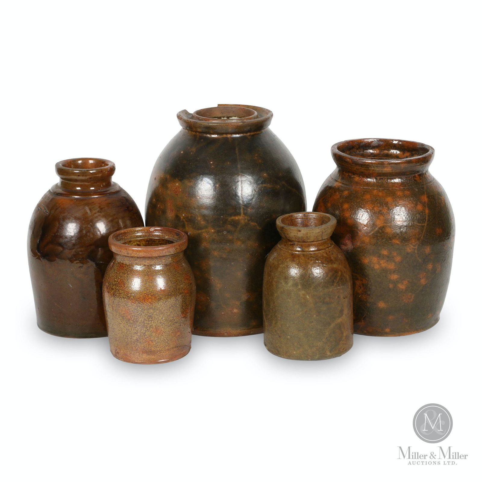 Ontario Redware Jars: Five (5). Canadian. 1870s. 6.5 to 12.5" (h). Tallest example exhibits heavy rim chip. Two tallest exhibit hairline cracks. Brian Stead collection.