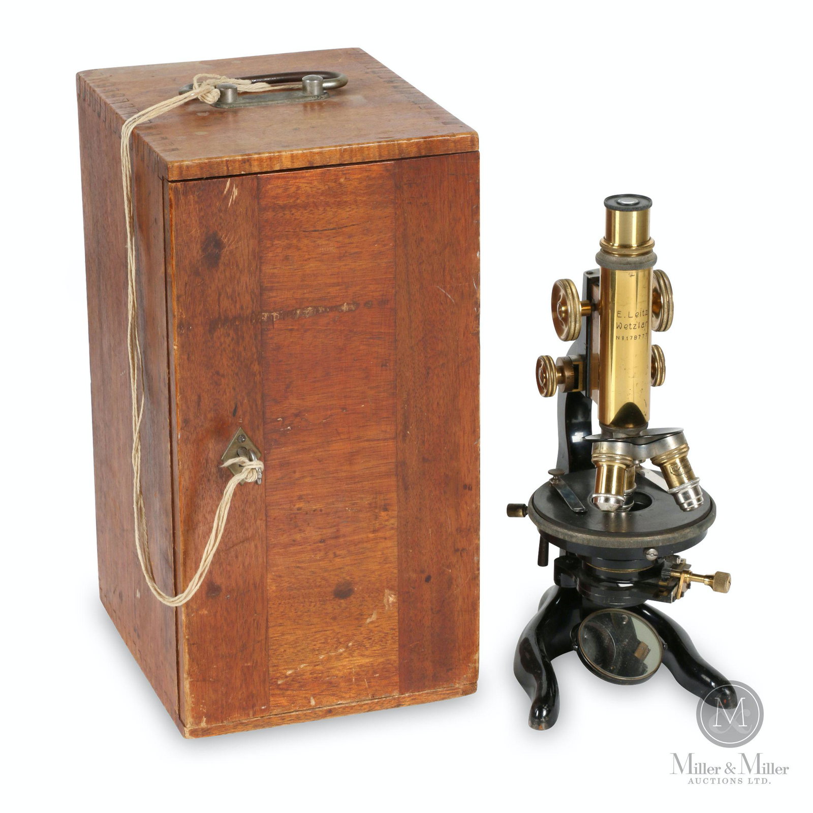 E. Leitz Wetzlar, Cased Brass Microscope: German. 1916. Stamped, "E. Leitz Wetzlar No. 178777" neck. Case 8 x 7 x 13.5" (h). Surface of base and brass components exhibits minor oxidation. CODE-TOOL