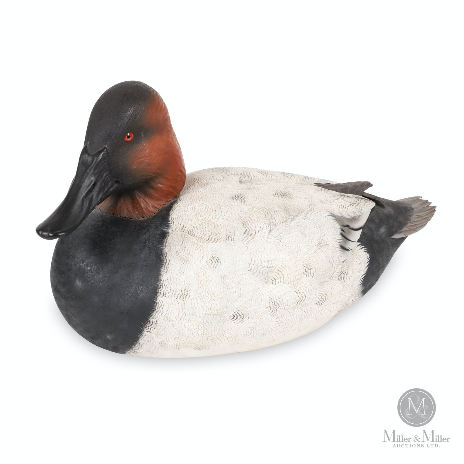 Lionel Dwyer, Canvasback Drake Decoy: Canadian. 1990. Painted, carved wood. A multiple award-winner by Lionel Dwyer, Port Perry, Ontario, Canada. Marked, "Canvasback Drake by Lionel Dwyer, 90". Canadian National Decoy Champ, 1st in Specie