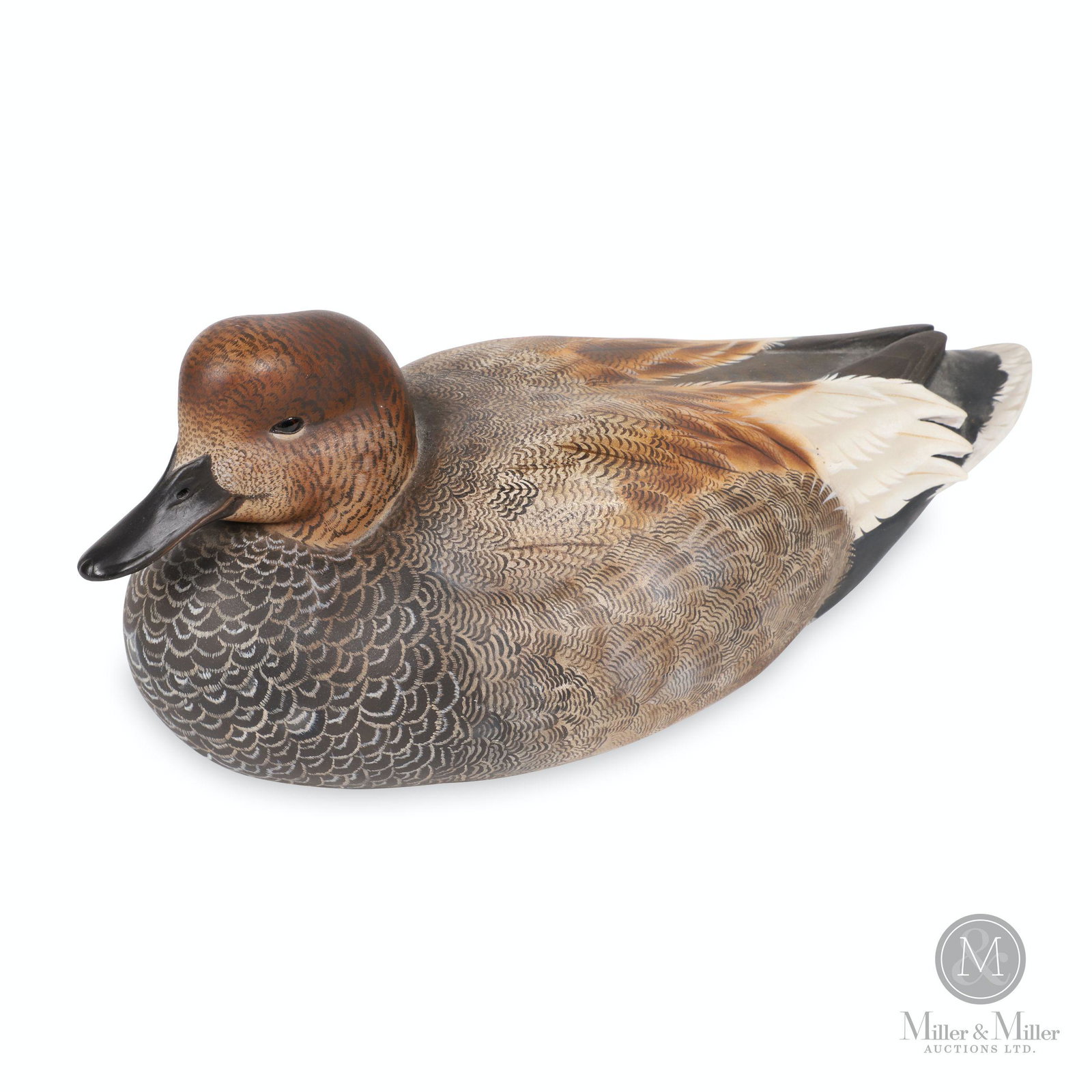 Lionel Dwyer, Gadwall Drake Service Bird Decoy: Canadian. 1990. Painted, carved wood. Marked, "Gadwall Drake Service Bird by Lionel Drake, 90'", Signed "L. Dwyer, 90" underside. 14.5" (l), 6" (h). CODE-DCOY