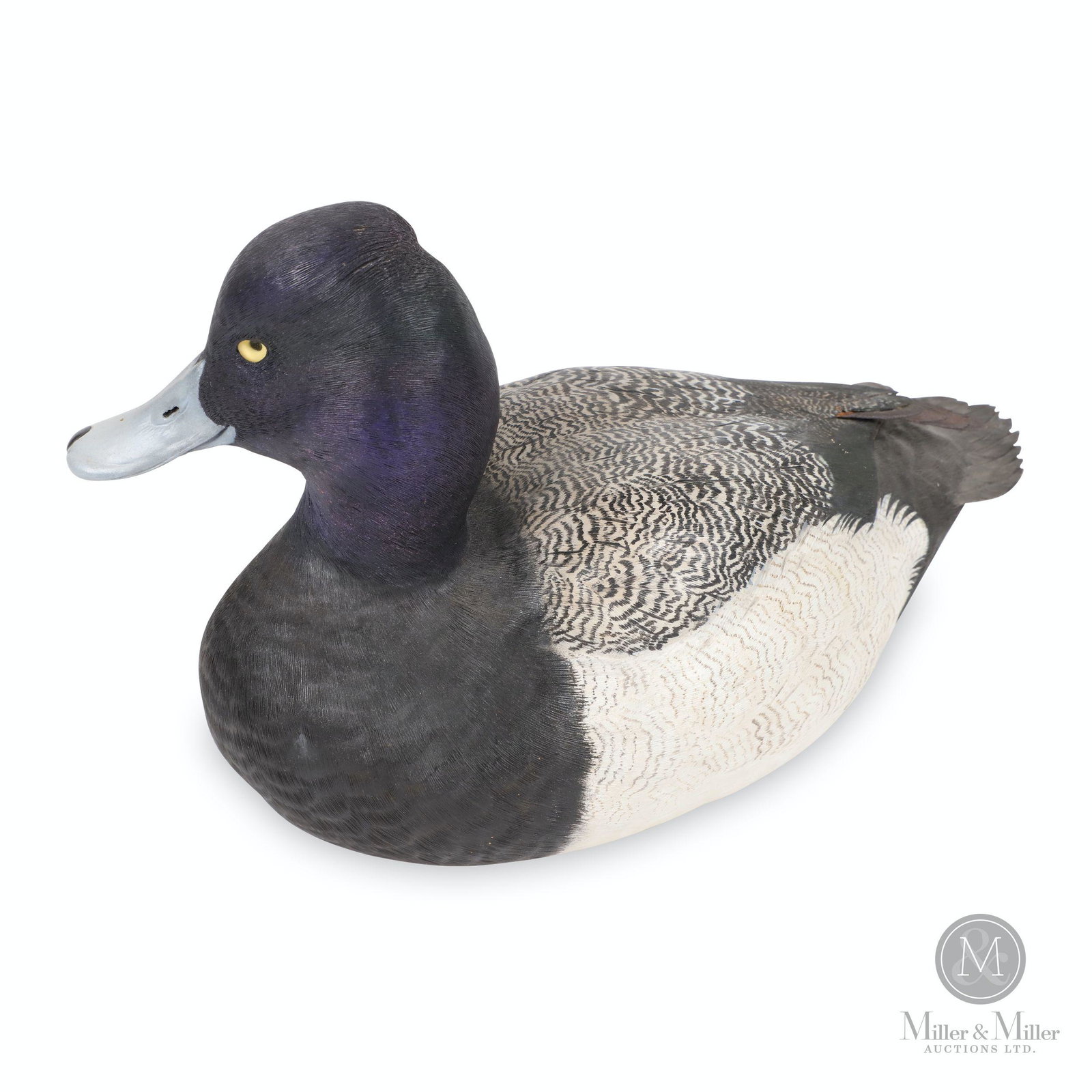 Lionel Dwyer, Blue Bill Drake Lesser Scaup Decoy: Canadian. 1988. Painted, carved wood. A multiple award-winner by Lionel Dwyer, Port Perry, Ontario, Canada. Marked, "Carved by Lionel S. Dwyer 1.3.88 Lesser Scaup". 88/89 1st Can Nat Decoy Contest. 1s