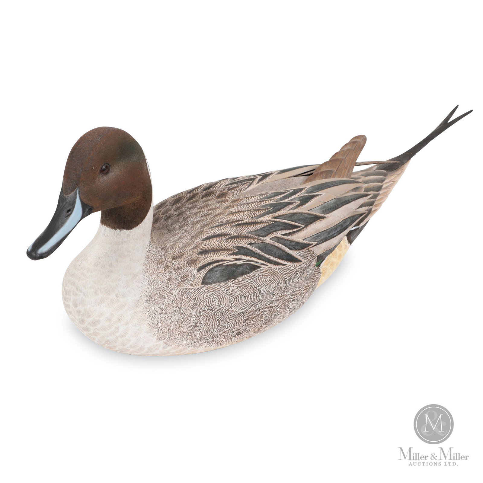 Peter Dick, Pintail Decoy: Canadian. 1988. Painted, carved wood. A multiple award-winner by Peter Dick, Chatham, Ontario, Canada. Marked, "P. Dick '88". Applied plaque marked, "Pintail by Peter Dick, 1st in Specie Intermediate 