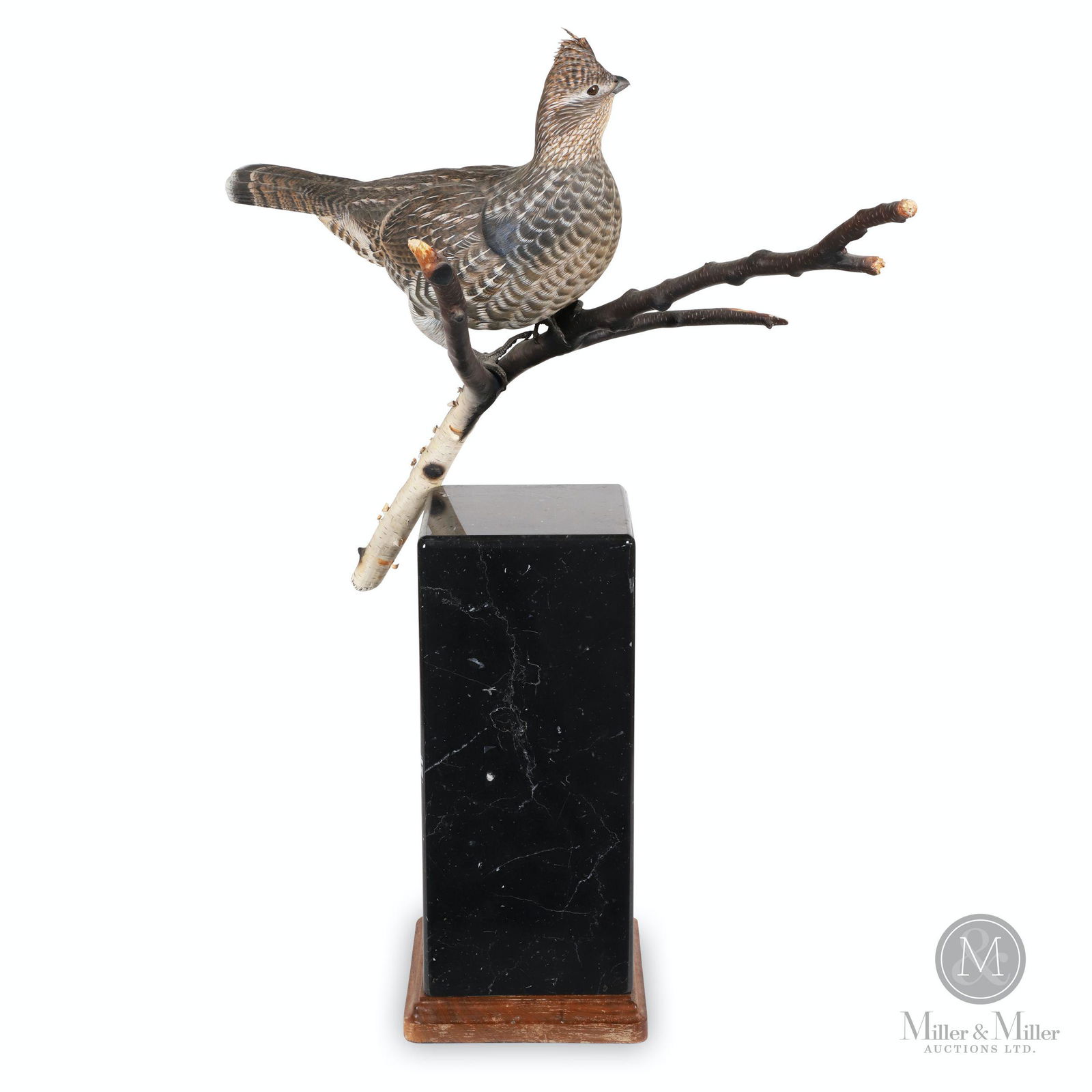 Lionel Dwyer, Ruffed Grouse Carving: Canadian. 1997. Painted carved wood bird mounted to birch branch displayed on granite and wood base. Lionel Dwyer, Port Perry, Ontario, Canada. Signed, "L. Dwyer '97", lower edge of birch branch. 29.2