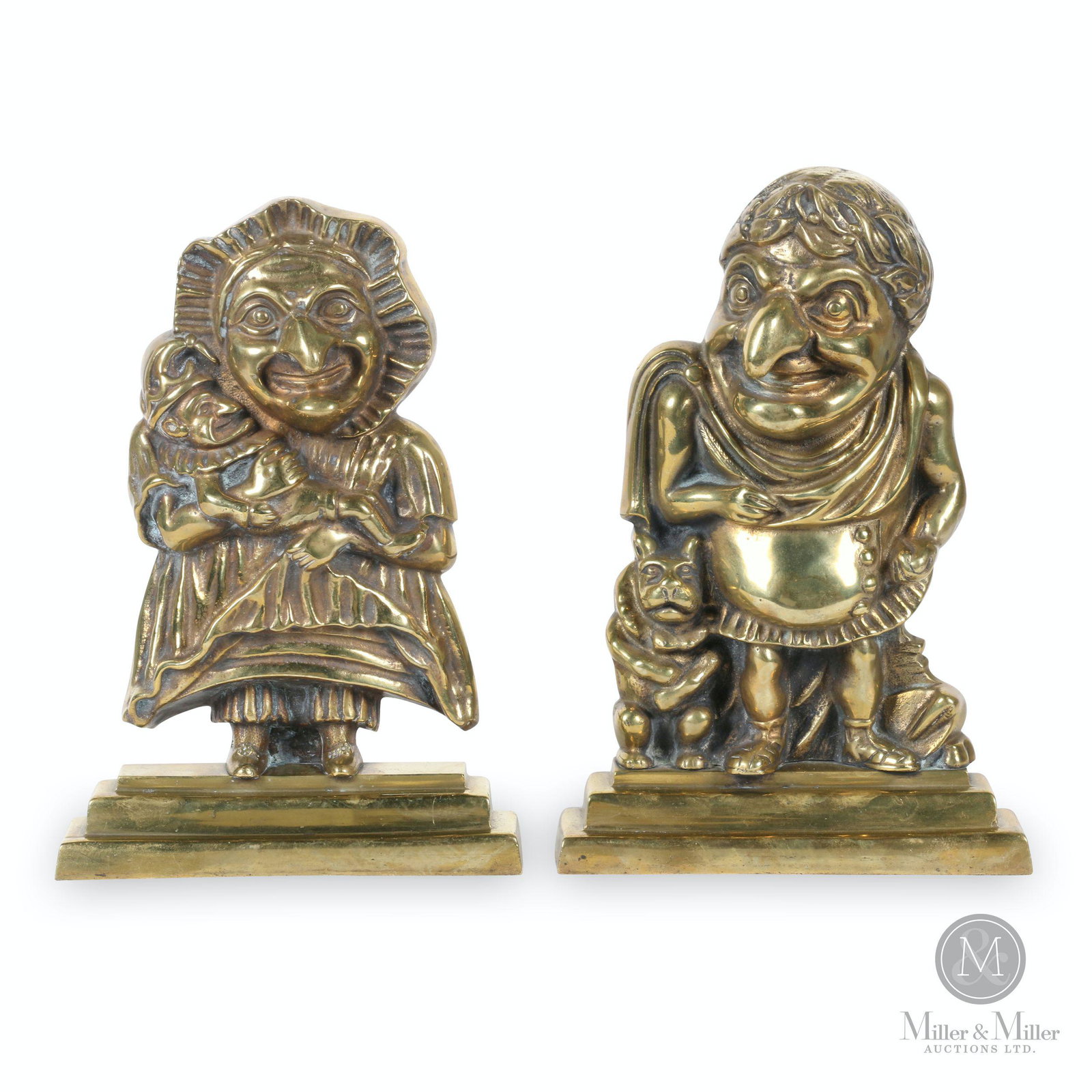 Punch & Judy Cast Brass Andirons: Two (2). English. 19th/20th century. Cast brass. Base filled with lead. Rare. 17 x 8 x 12" (h). CODE-HISO