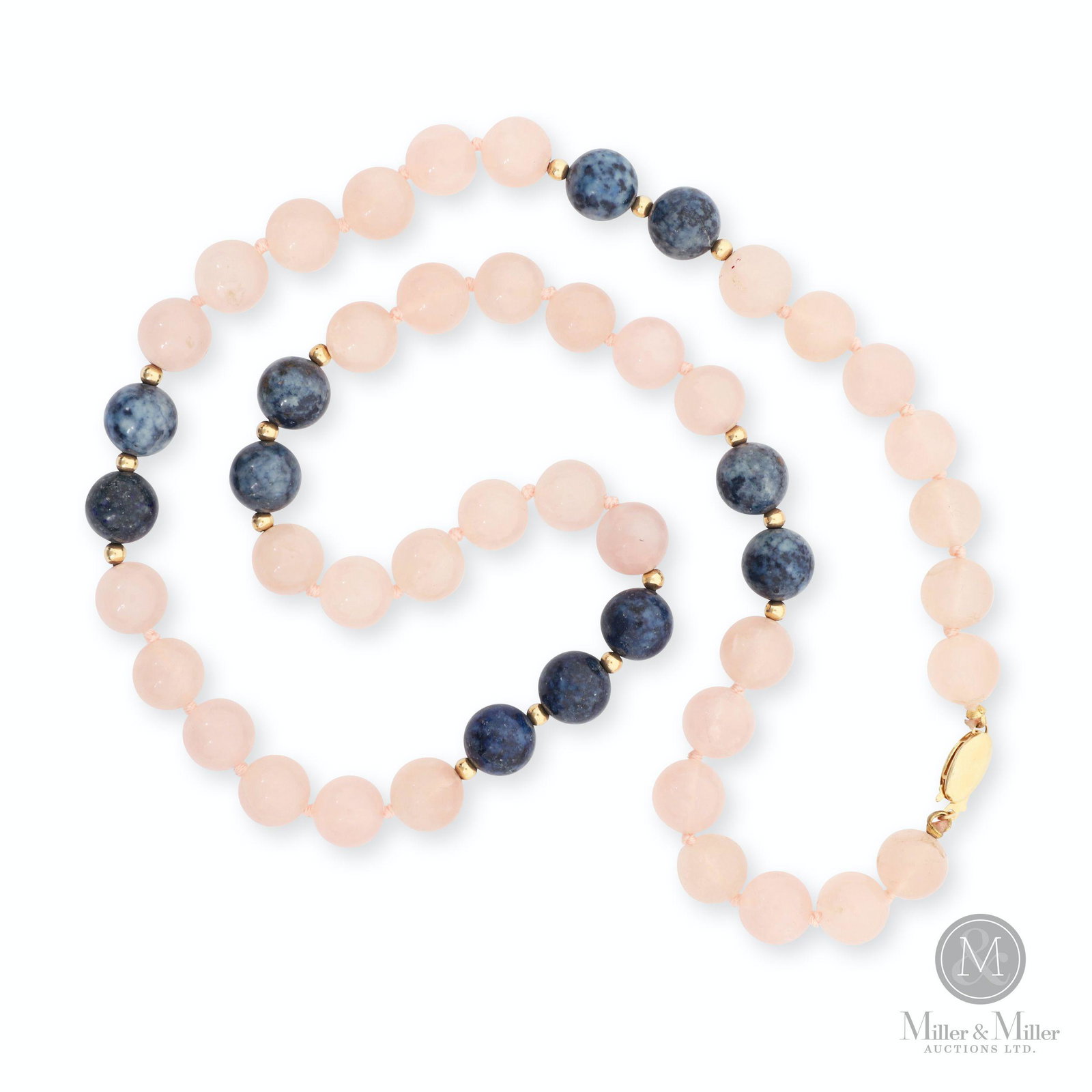 Rose Quartz & Lapis Lazuli Necklace: Accompanied by certificate of appraisal. Rose quartz and lapis lazuli bead necklace individually knotted. 22" long. CODE-JEWE