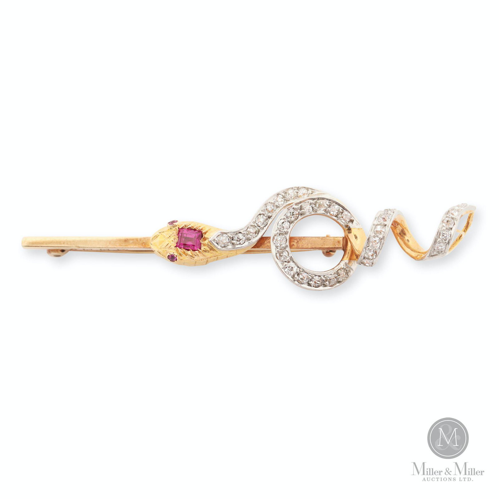 Edwardian Diamond & Ruby Snake Bar Pin: English. 1910s. 14K gold, diamond and ruby. Set with diamonds and rubies, in original English jeweller's presentation box. . CODE-JEWE