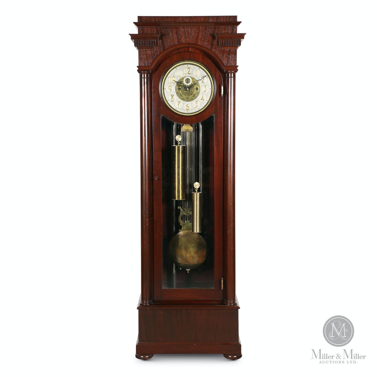 Tubular Mahogany Grandfather Clock: German. 1920s. High quality German tubular chime quarter chiming on 5 Tubes. Choice of 2 tunes. Strike / Silent feature. 26.5 x 17 x 80" (h). Bruce Walsh collection. CODE-CLO