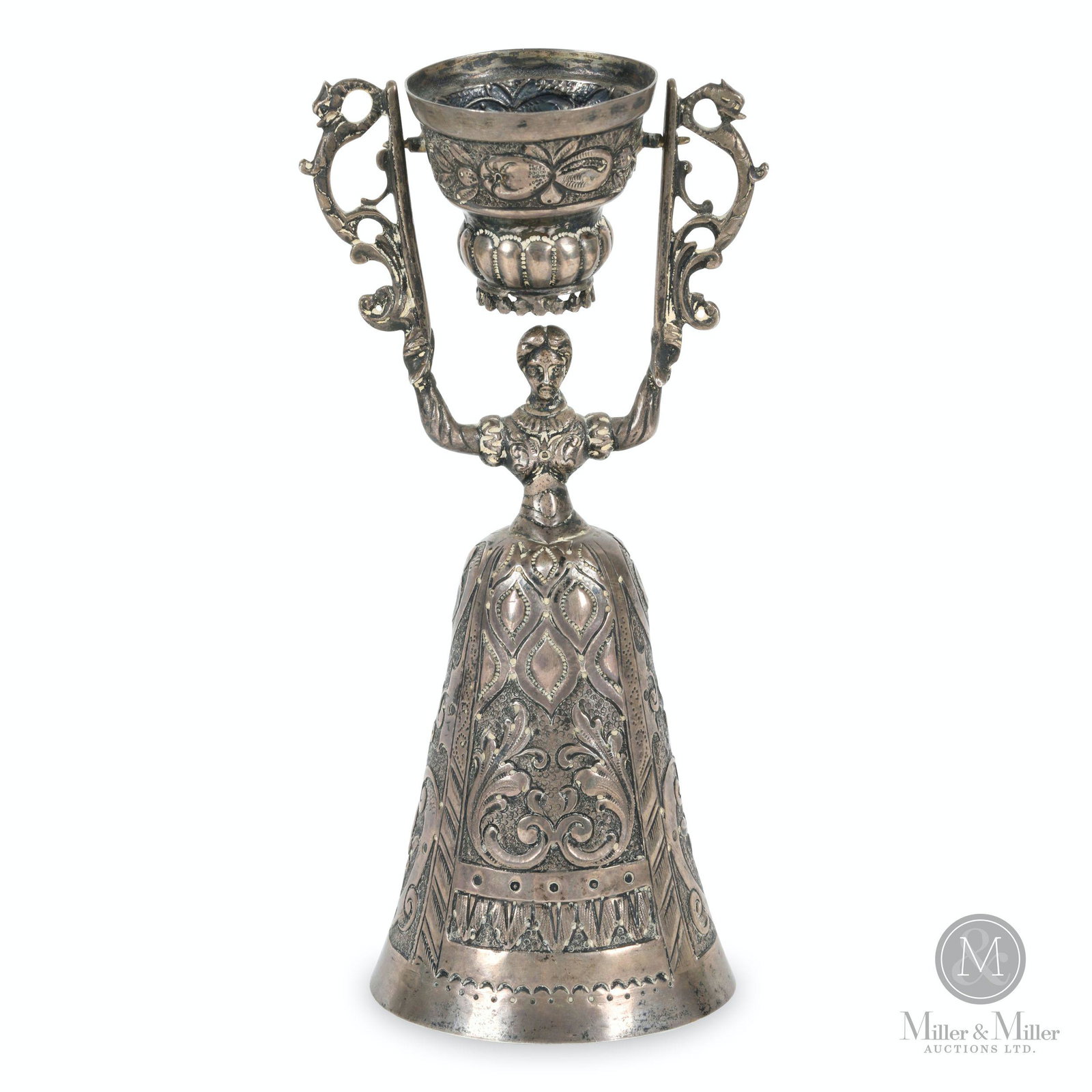 German .800 Silver Wager Cup: German. 1890s. .800 Silver. Hallmarked, lower edge, dress for "Gebruder Gutgesell Hanau". 2.75 x 2.75 x 6.75. CODE-SIL