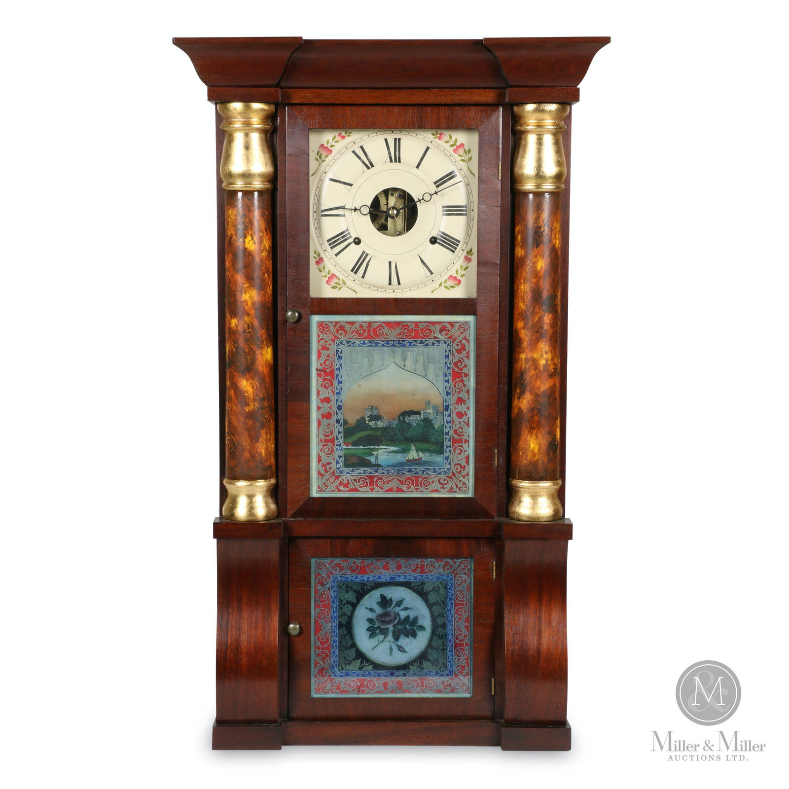 R.W Patterson 8-Day Cornice & Column: Canadian. 1880s. An early Canadian mechant clock. 8 day time and strike, weight driven. 19 x 6 x 32.5" (h). Bruce Walsh collection. CODE-CLO