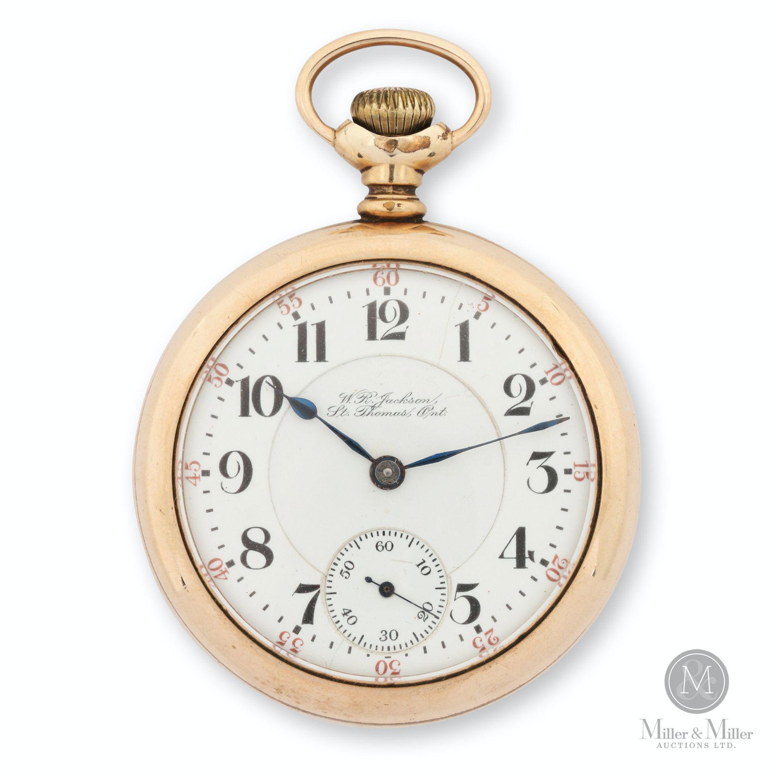 Hamilton '940' Railroad Pocket Watch: American. 1901. Features double-sunk porcelain merchant dial, tri-colour gold-filled stag case. Movement marked, "21 Jewels Hamilton Watch Co., Lancaster, PA - Adjusted - 148119 - 940". Dial marked, "