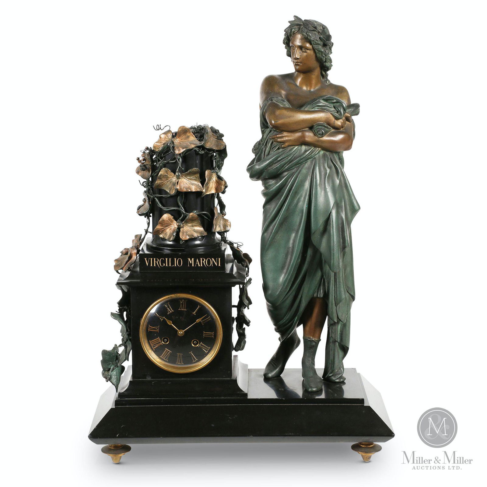 French 'Virgilio' Marble Statue Clock: French. 1890s. 8 day time & strike. Bronzed statue of Virgilio on marble base. 16.5 x 7.5 x 24" (h). Bruce Walsh collection. CODE-CLO