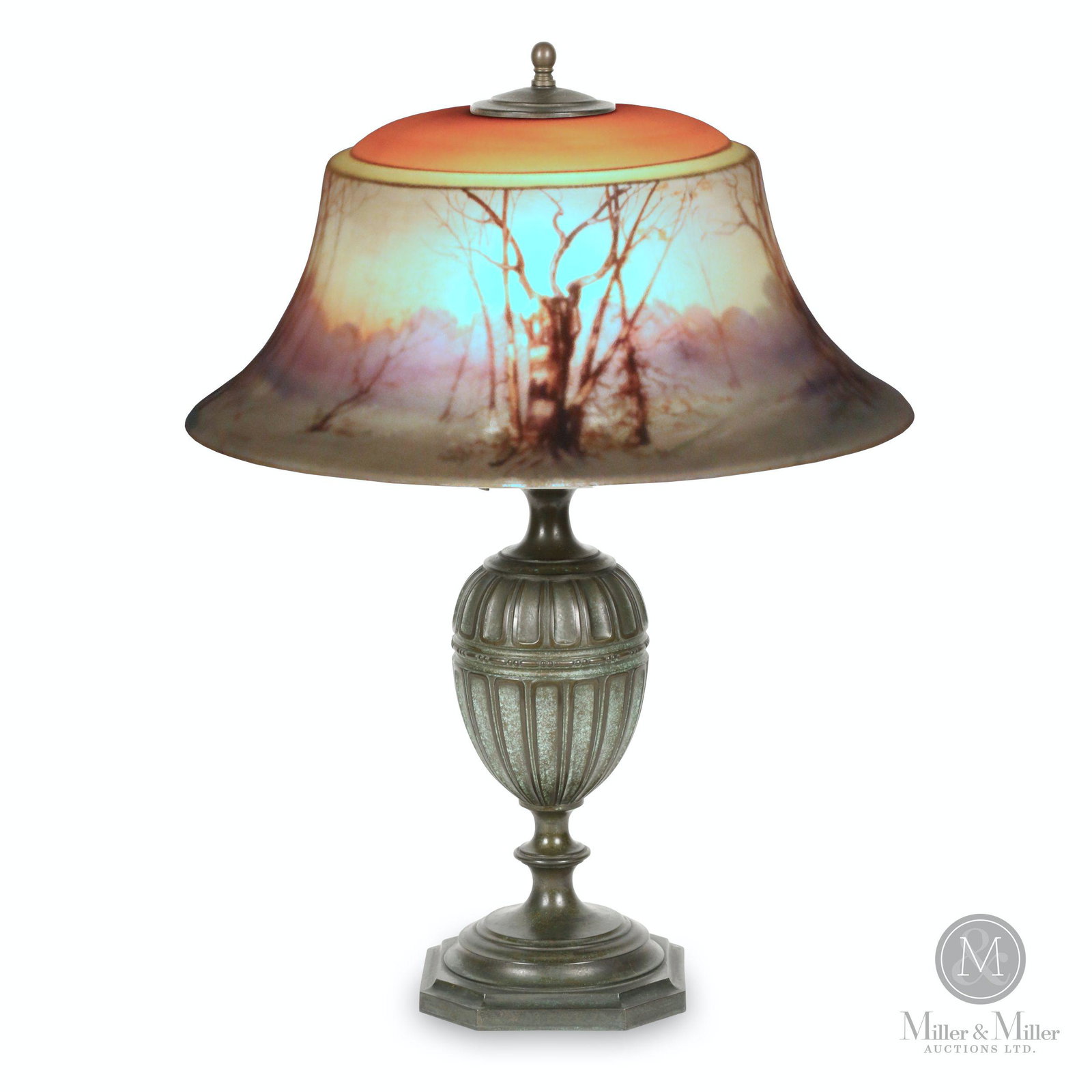 Pairpoint "Exeter" Reverse Painted Table Lamp: American. 1920s. Reverse painted acid-etched glass shade on bronze base. "Exeter" shade, Winter scene decoration. Stamped, "The Pairpoint Corp'n and signed, "ONA.M" inner lower edge. Base stamped, "Pa