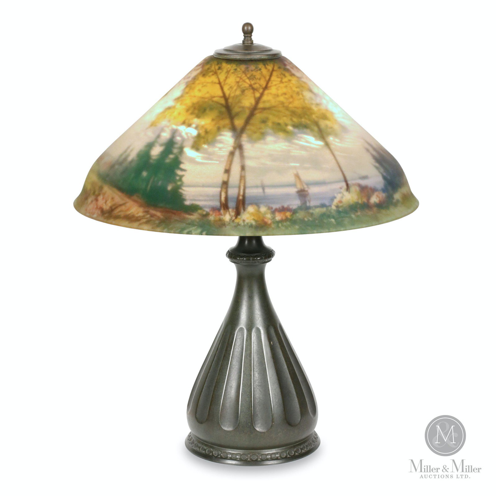 Pairpoint "Carlisle" Reverse Painted Table Lamp: American. 1920s. Reverse painted acid-etched glass shade on bronze base. "Carlisle" shade, Pastoral scenic decoration. Stamped, "The Pairpoint Corp'n" inner lower edge. Stamped, "Pairpoint 3058", appl