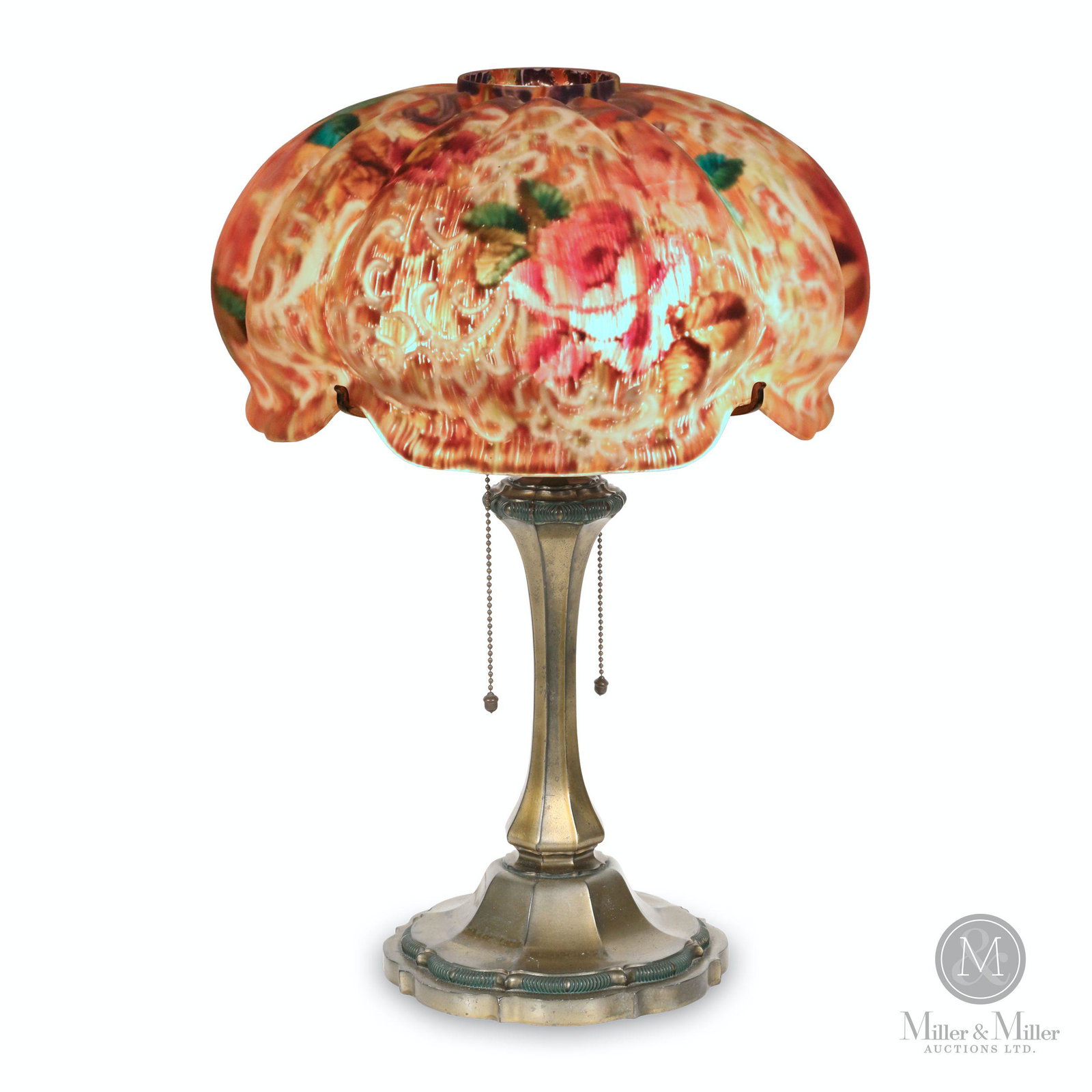 Pairpoint "Venice" Reverse Painted Table Lamp: American. 1920s. Reverse painted acid-etched glass shade on bronze base. Ribbed "Venice" open top shade, floral tapestry decoration. Stamped, "Pairpoint C3063 Made in U.S.A", applied "Laquered" decal 