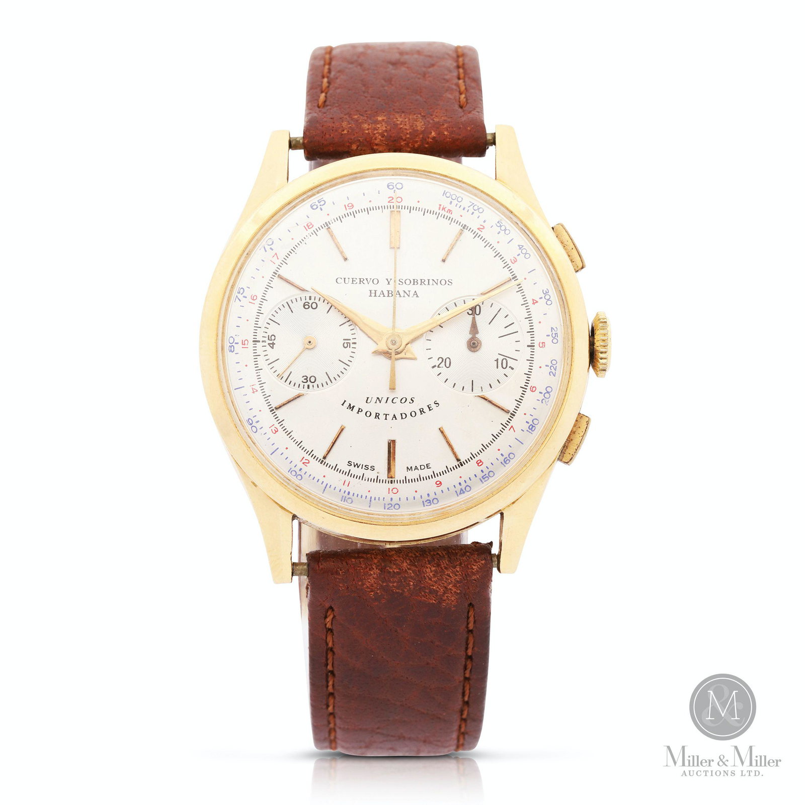 Cuervo Y Sobrinos Chronograph Wristwatch: Swiss. 18K Gold. Cuervo Y Sobrinos. Case Diameter: 37.29mm. Note: caseback and dust cover will not snap on and each will require professional repair before watch can be worn. Gross weight of assembled
